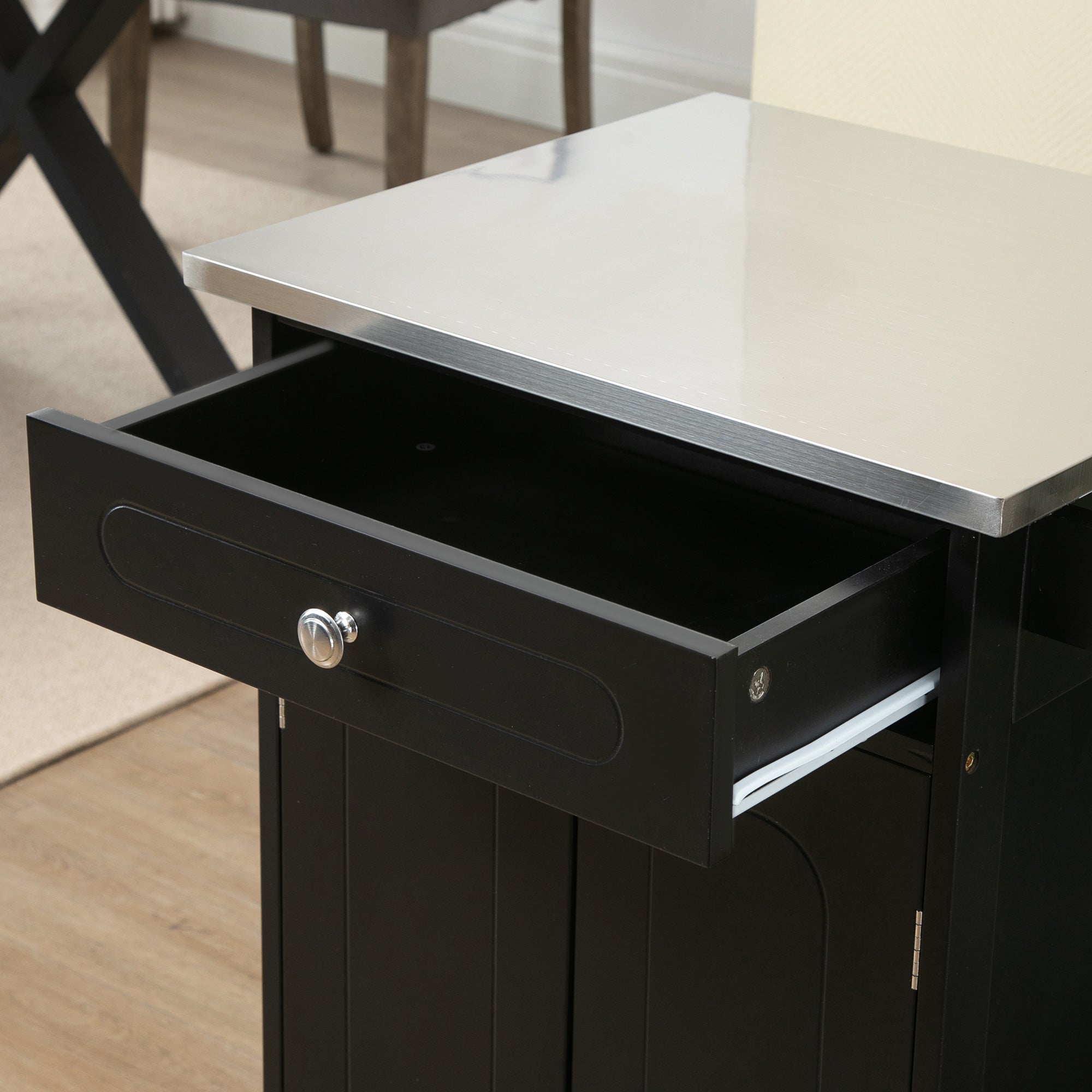 Serving Trolley Kitchen Trolley with Wheels and Multiple Storage Options 1 Drawer Cabinet 2 Doors with Shelf Dishcloth Holder MDF Black Stainless Steel