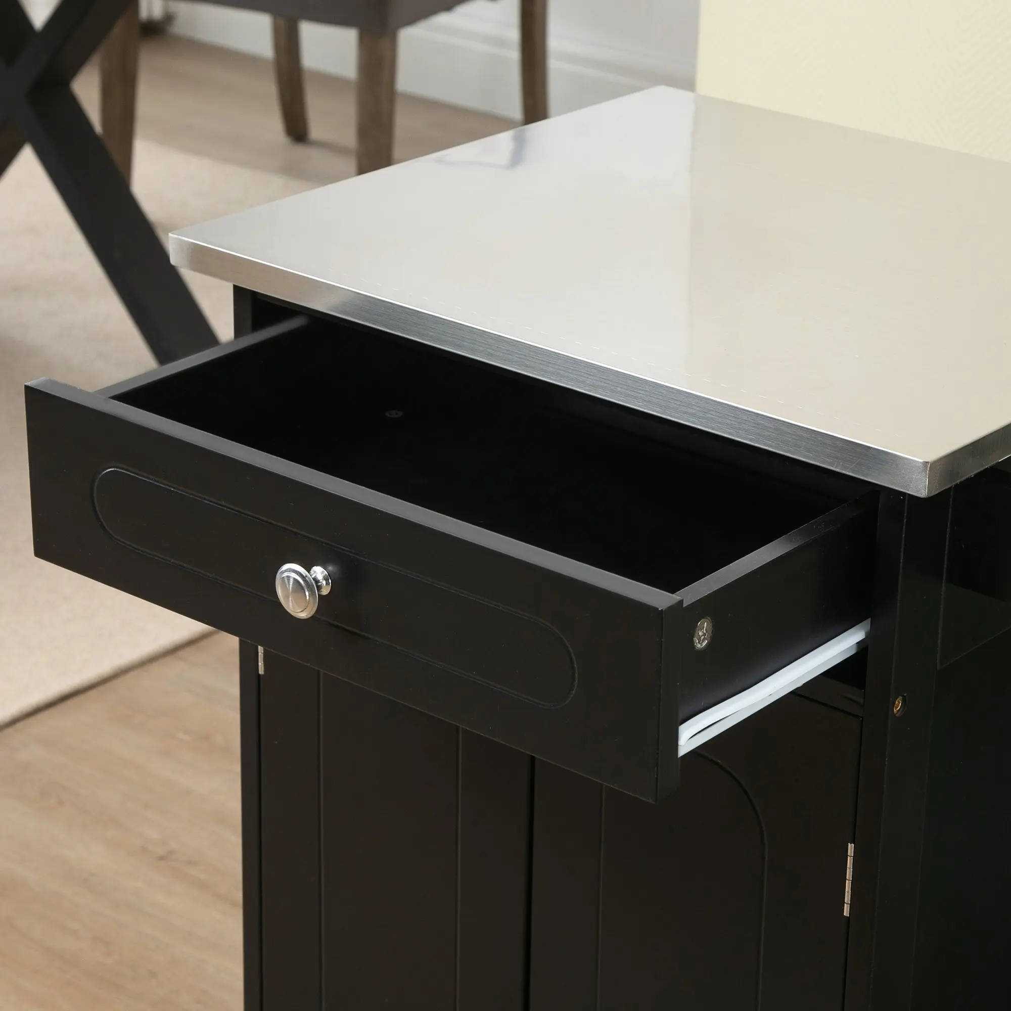 Serving Trolley Kitchen Trolley with Wheels and Multiple Storage Options 1 Drawer Cabinet 2 Doors with Shelf Dishcloth Holder MDF Black Stainless Steel