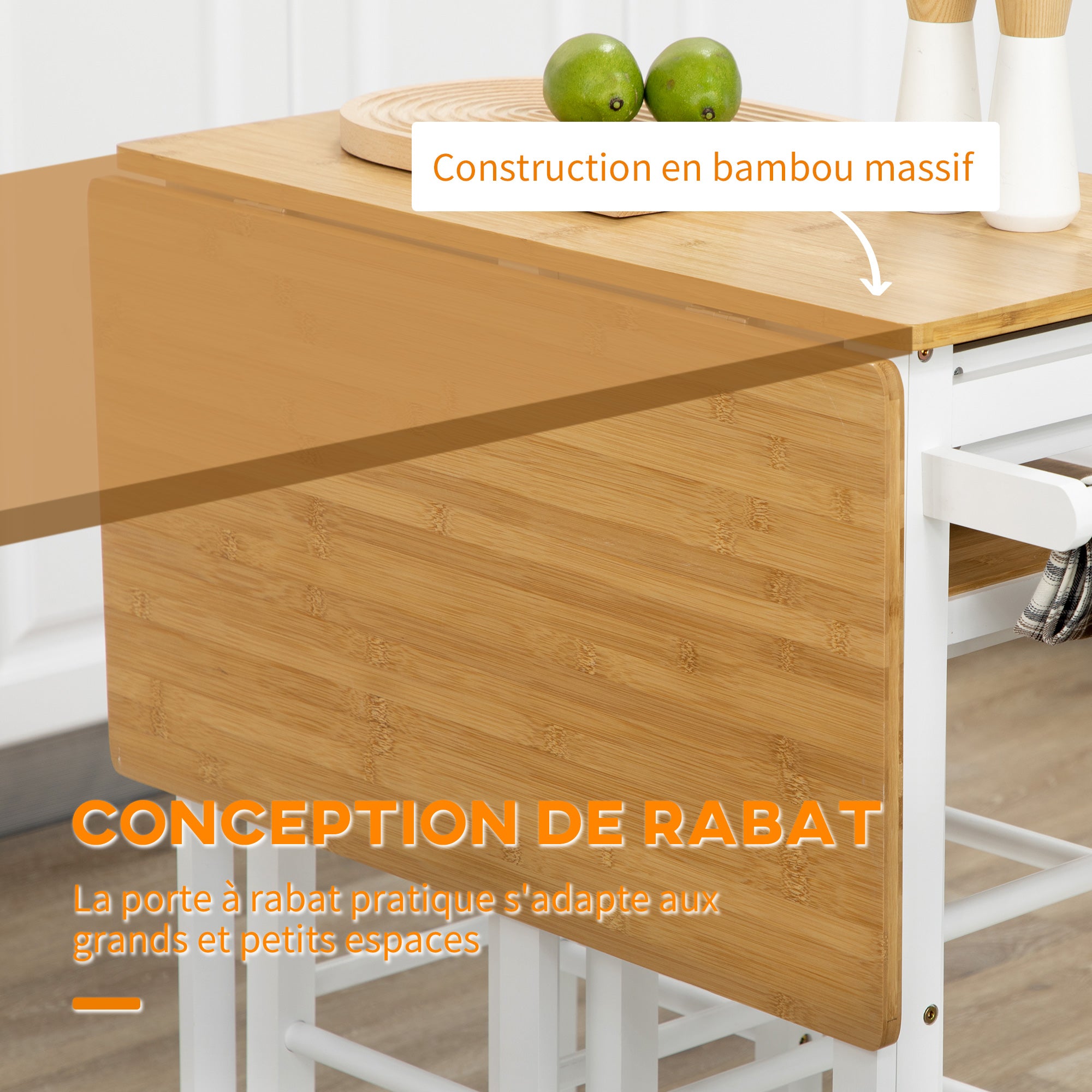HOMCOM Barset Keukenwagen Vouwbare Keukentafel op Wielen + 2 Barkrukken Wit en Licht Hout - 2 Lades en Handdoekhouder