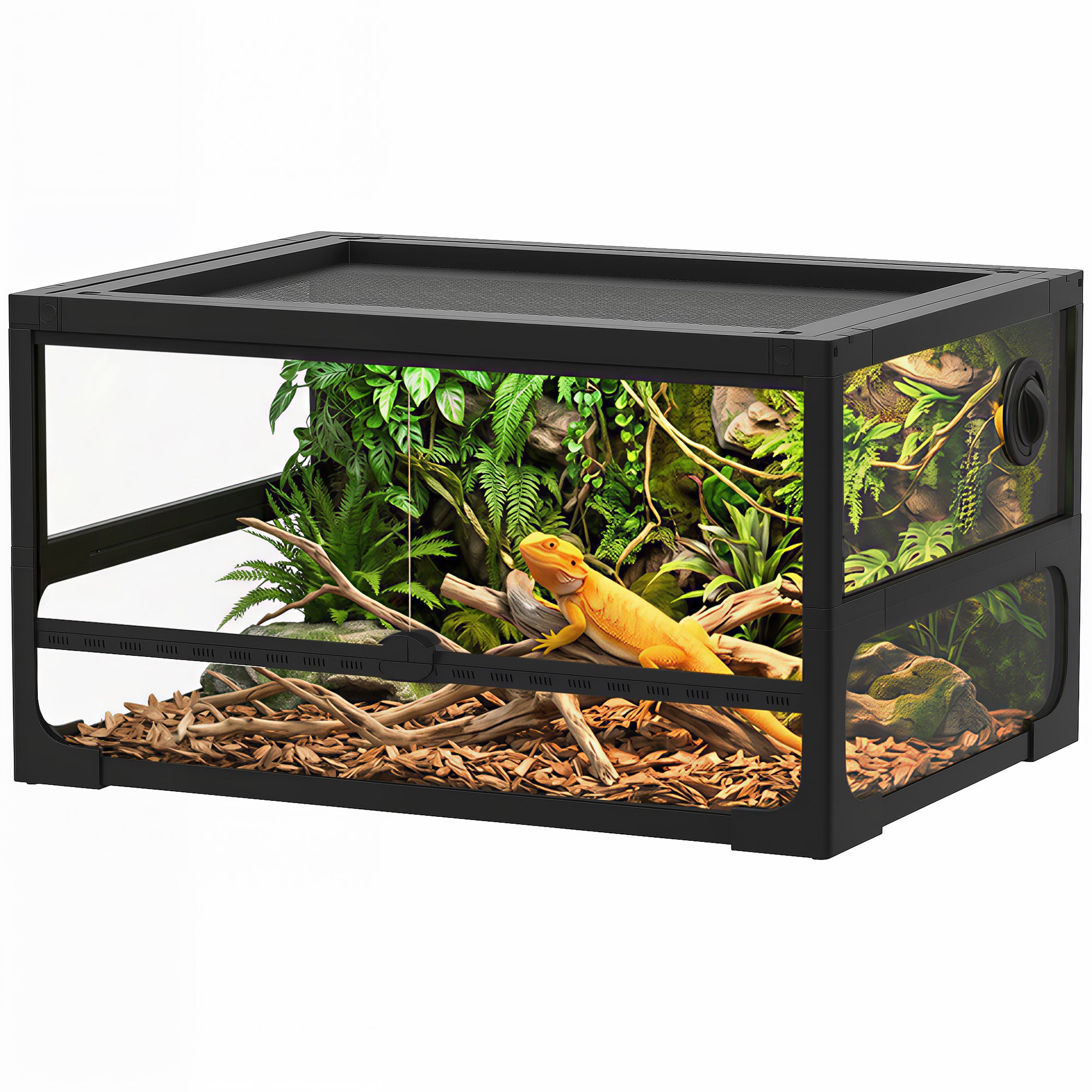 PawHut höj- och hopfällbart terrarium för reptiler 60 x 45 x 32 cm — härdat glas, låsbar topplucka, foderlucka, mesh-ventilation, 360° vy