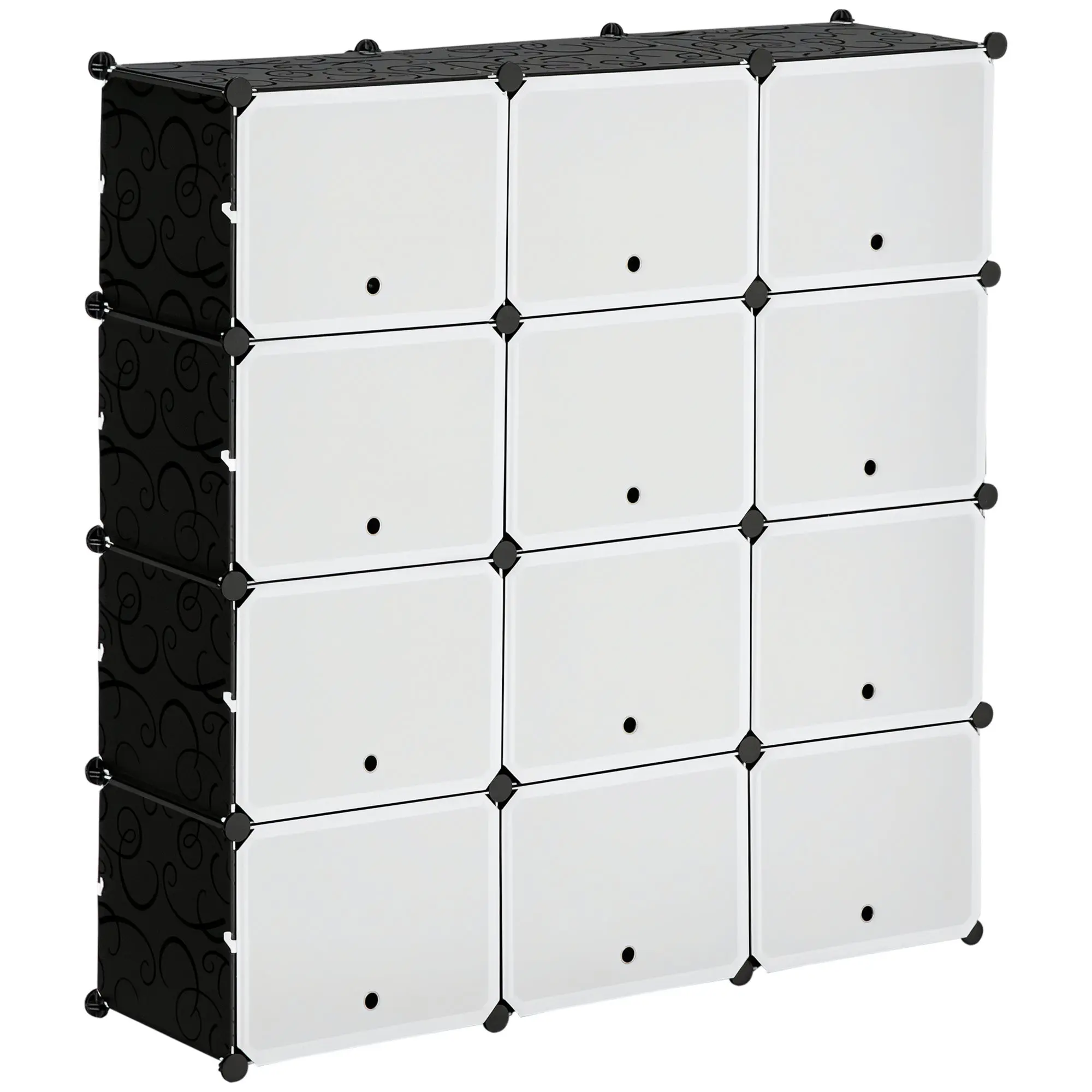 DIY Shelf System with 12 Cubes Stackable DIY Cube Rack Shoe Rack Storage Rack Shelf Rack Wardrobe for Books Toys Shoes in Plastic Steel Black+White 125 x 32 x 125 cm