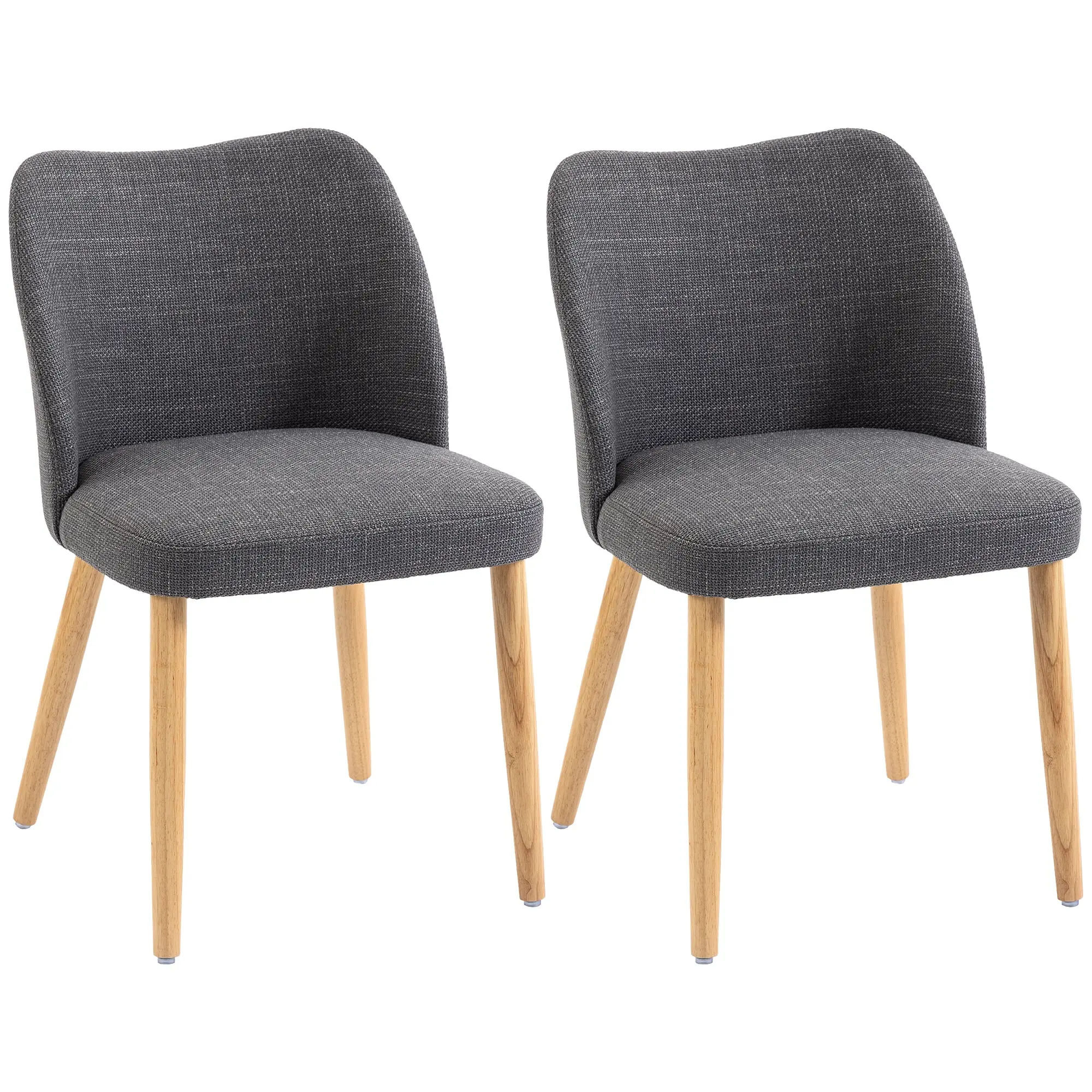 Set of 2 Light Gray Linen-Style Dining Chairs — Curved Back, Padded Seat, Natural Rubberwood Legs