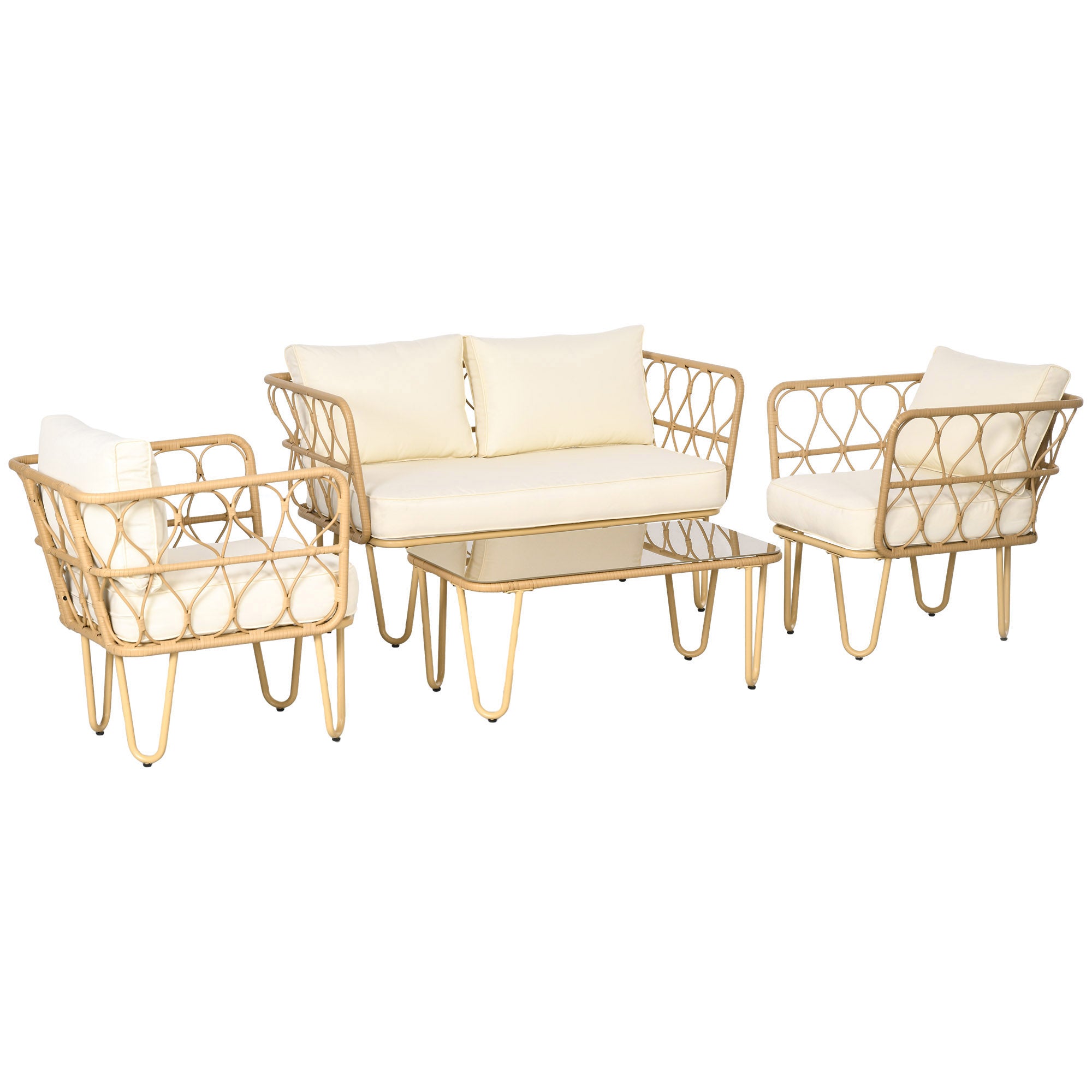 Outsunny 4-teilige Garten-Lounge-Set 2-Sitzer Sofa + 2 Sessel + 1 Kaffeetisch mit gehärteter Glasplatte und 7 Kissen - Metall und Rattan - Ecru