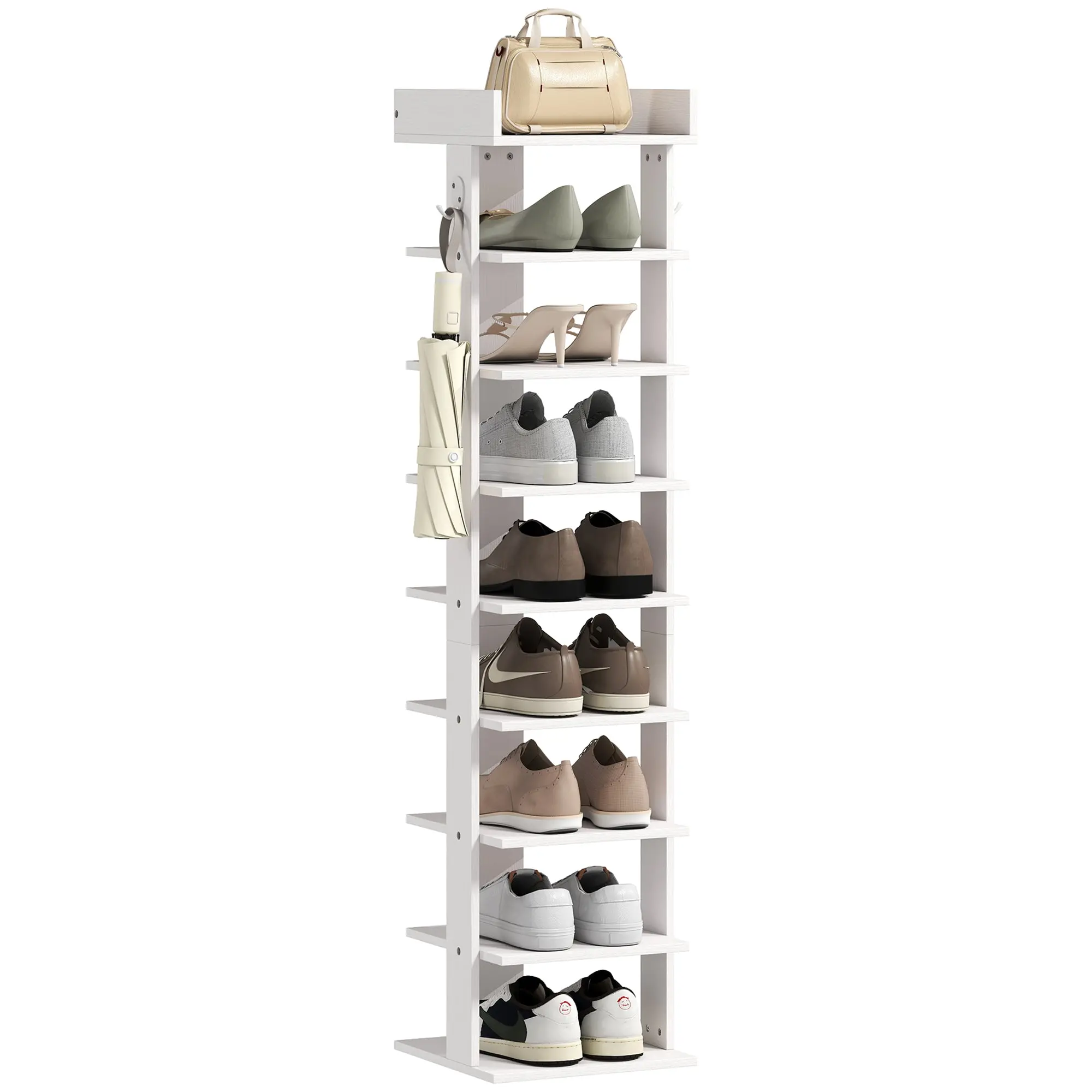 9-Tier Shoe Rack with Top Shelf & 2 Hooks — Holds up to 9 Pairs, Space-Saving Entryway Organizer, 11.8 x 11.8 x 50.6 in, White