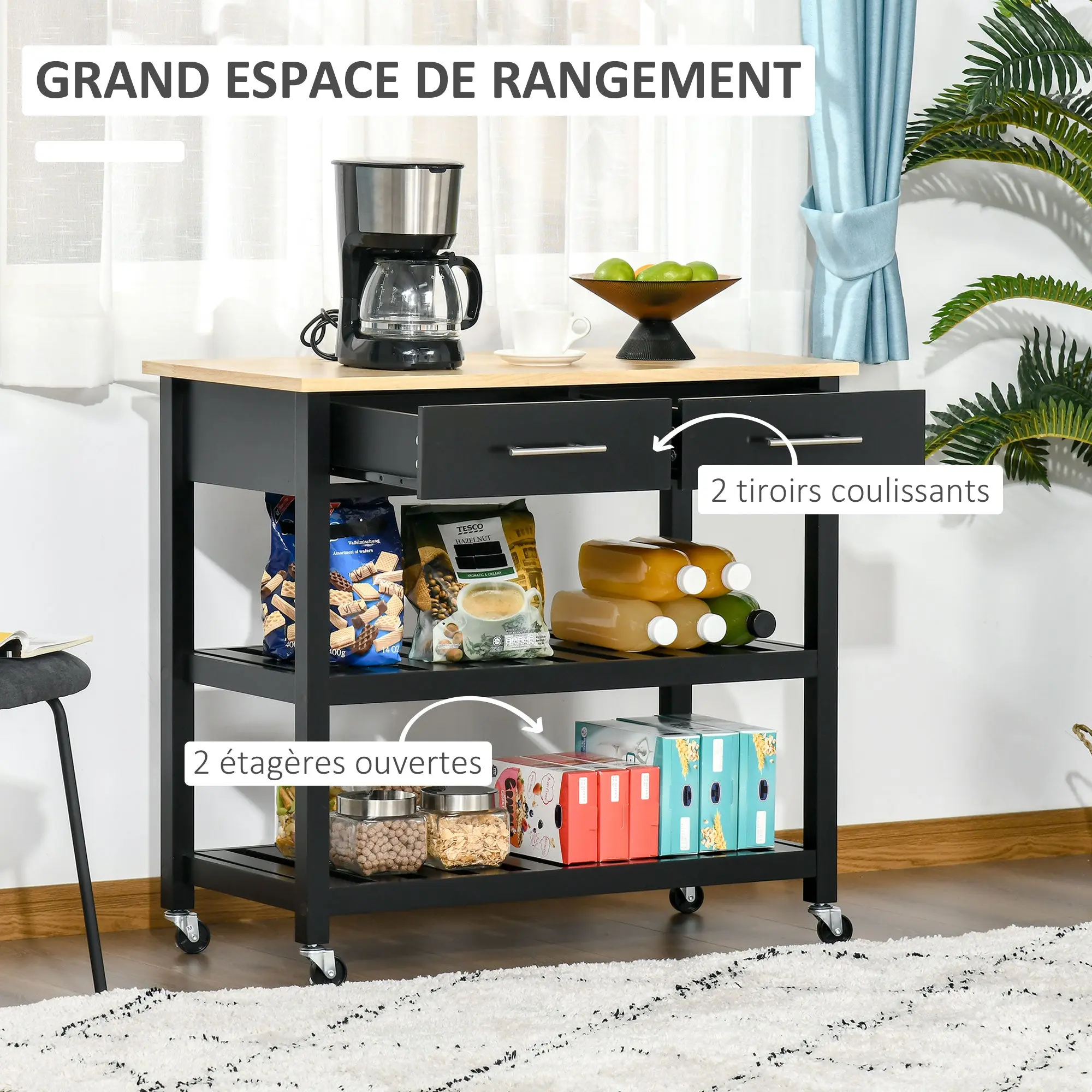 Kitchen Trolley Cart with Wheels 2 Shelves 2 Drawers Black Natural Wood