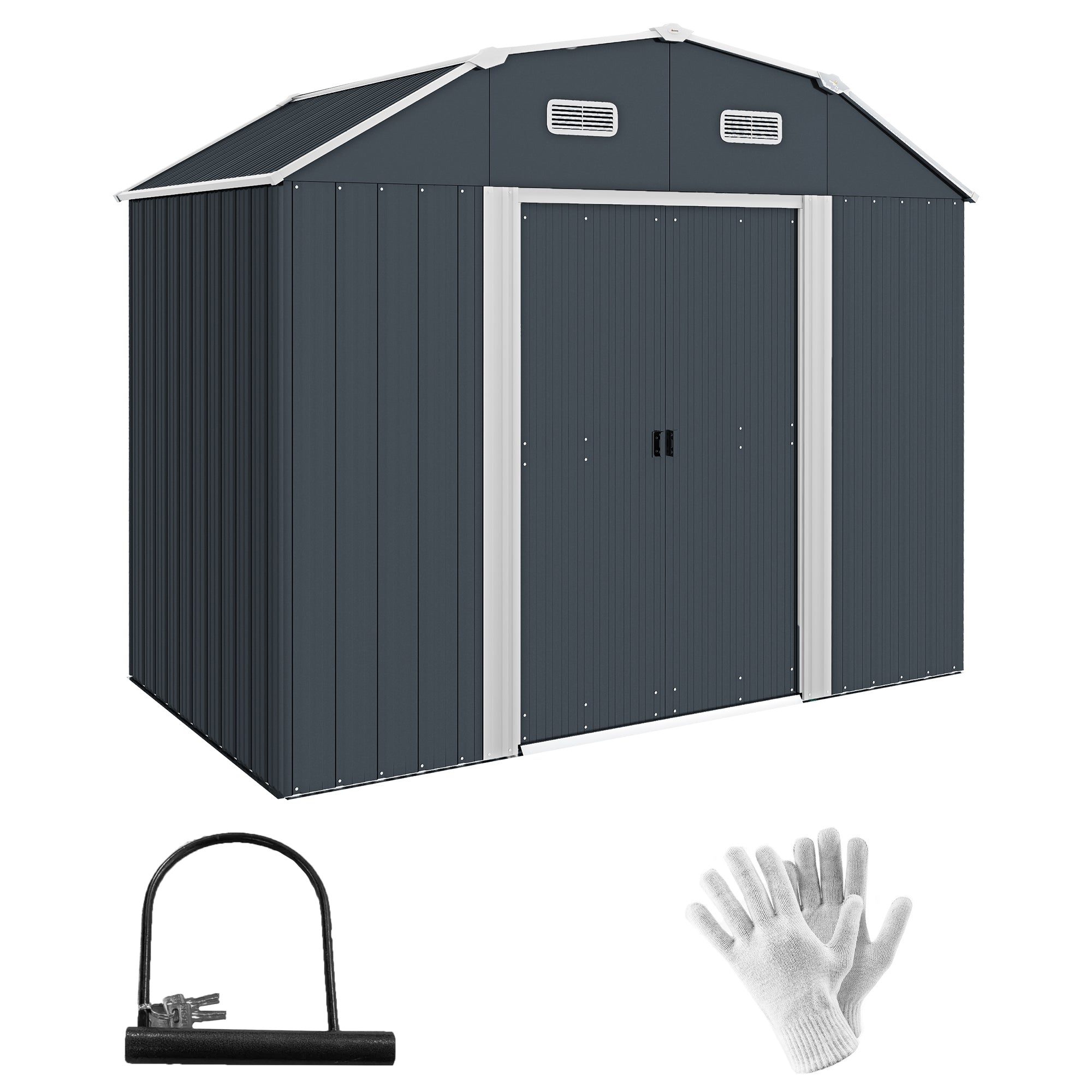 Steel Tool Shed, 2.7 m? Storage Shed with Shelf, UV Protection, Garden Cabinet with 2 Sliding Doors, Garden Shed with Foundation, 238 x 132 x 198.5 cm, Dark Gray