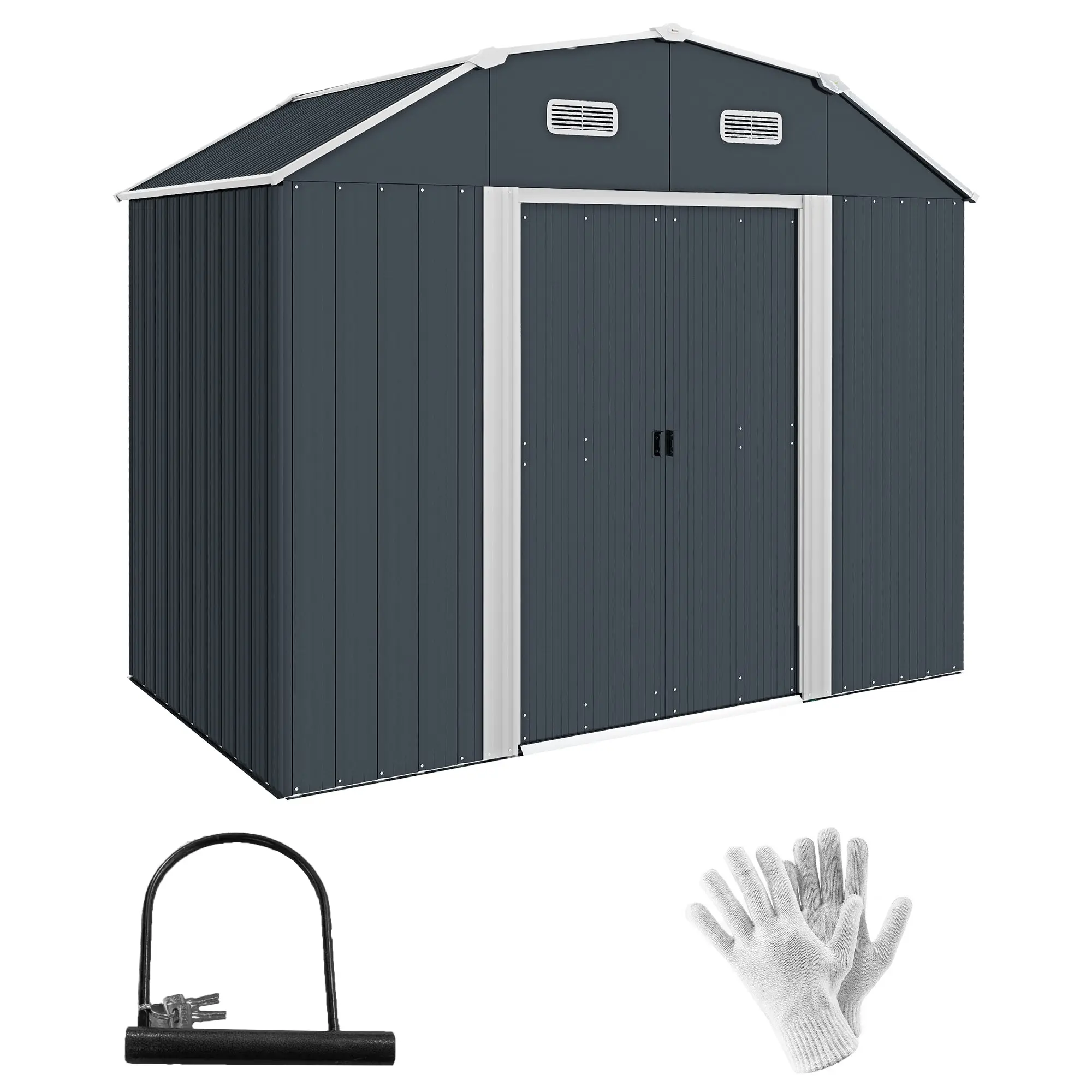 Steel Tool Shed, 2.7 m? Storage Shed with Shelf, UV Protection, Garden Cabinet with 2 Sliding Doors, Garden Shed with Foundation, 238 x 132 x 198.5 cm, Dark Gray