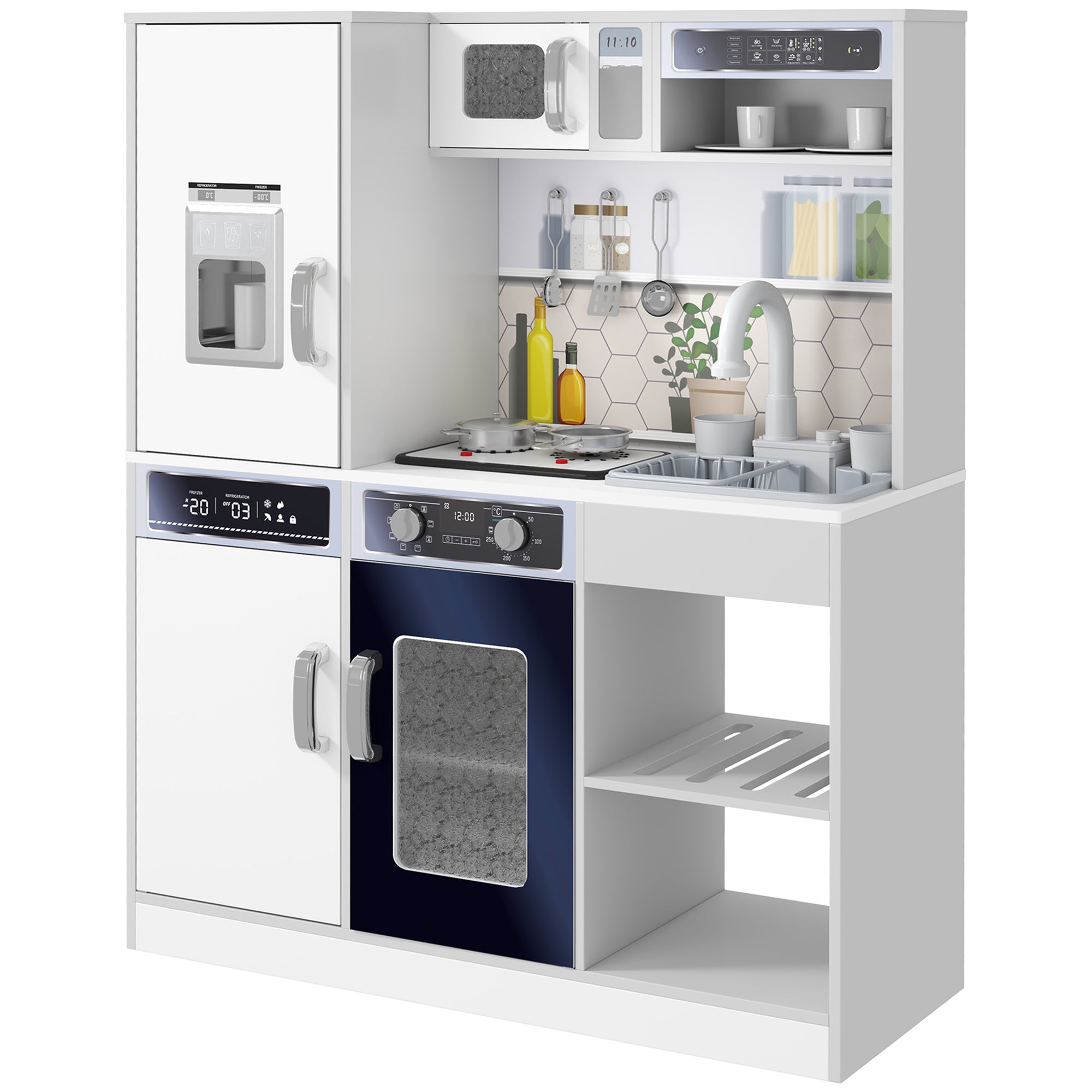 AIYAPLAY Speelkeuken voor Kinderen met Lichten en Geluiden, Kookplaat, Stromend Water, Koffiemachine, Koelkast, Magnetron, IJsblokjesmaker, Keukenaccessoires voor Kinderen van 3-8 Jaar, Wit