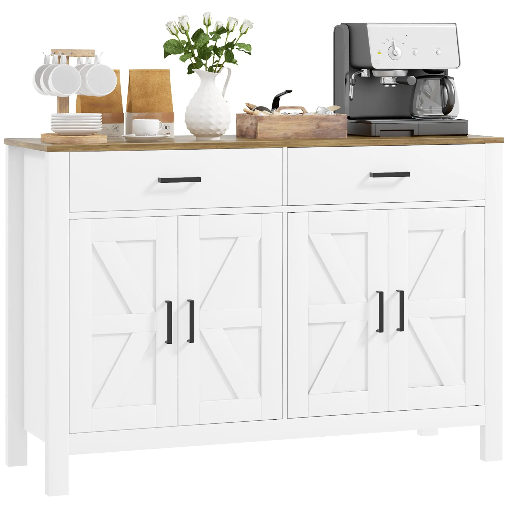 Kitchen Sideboard with 2 Drawers and 2 Cabinets, Rustic Style Buffet with Adjustable Shelves for Living Room and Dining Room, White