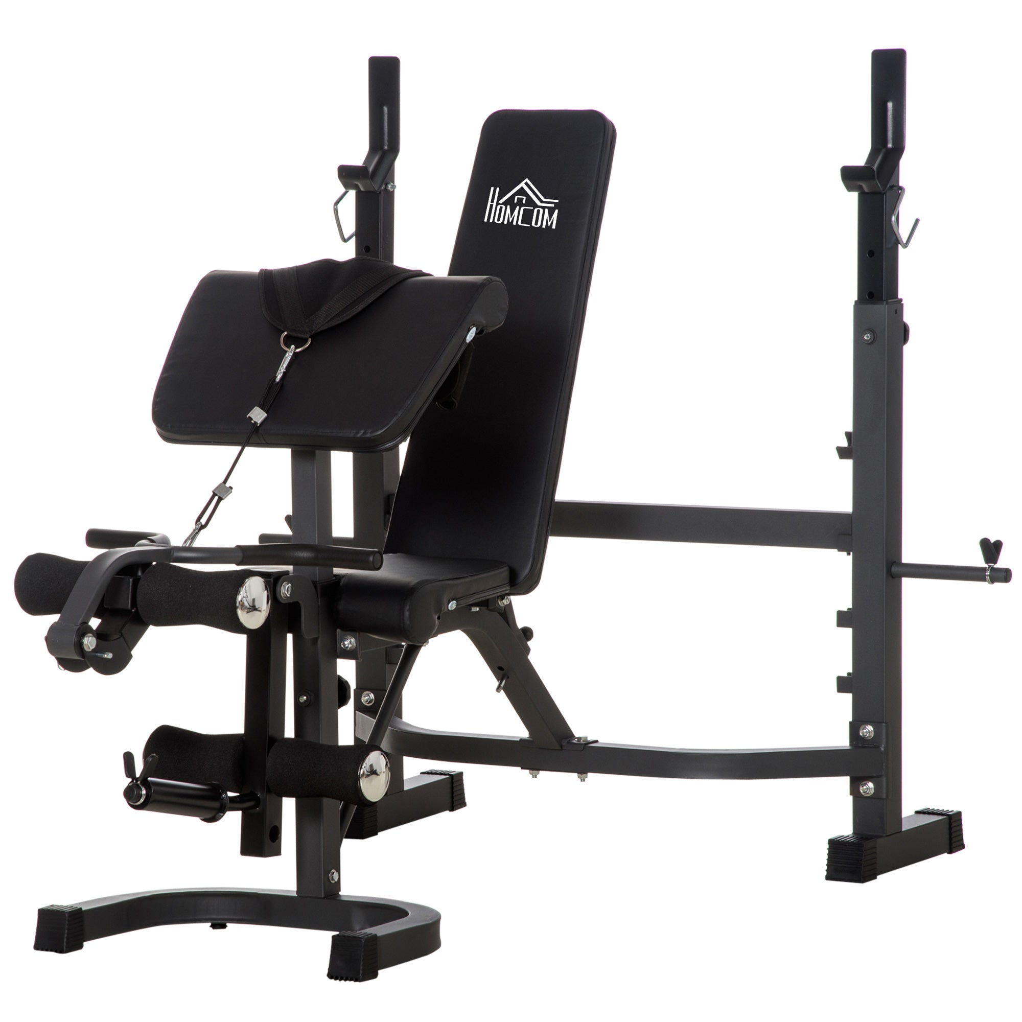 HOMCOM Multifunktionale Hantelbank mit verstellbarer Rückenlehne und höhenverstellbarem Gewichtsständer für ein umfassendes Training - max. 300 kg - 187x140x117-136 cm Schwarz