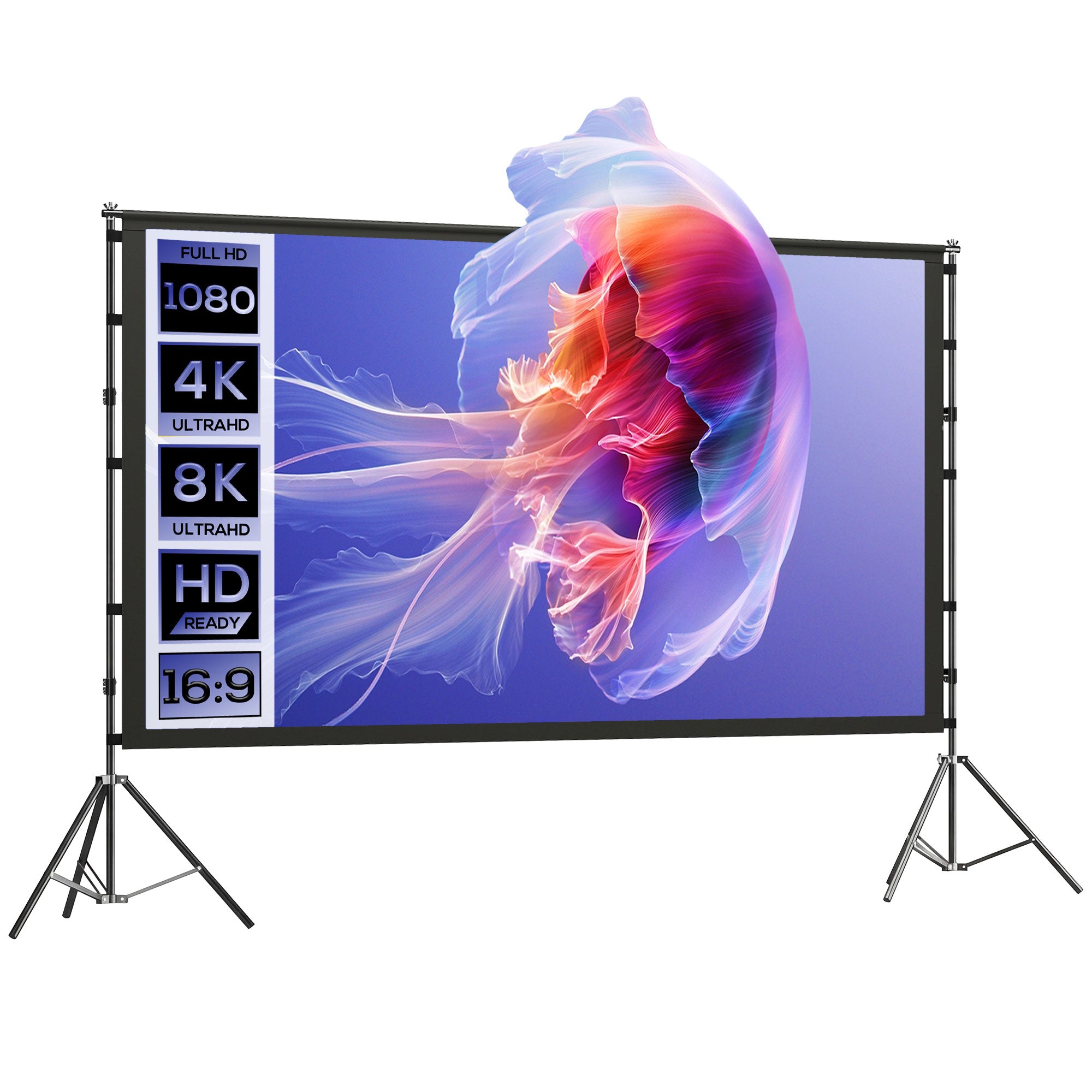 HOMCOM 100" (254 cm) 16:9 4K/8K projekcinis ekranas su dviem sulankstomais stovais — nešiojamas, dvipusis, 160° platus matymas, balta
