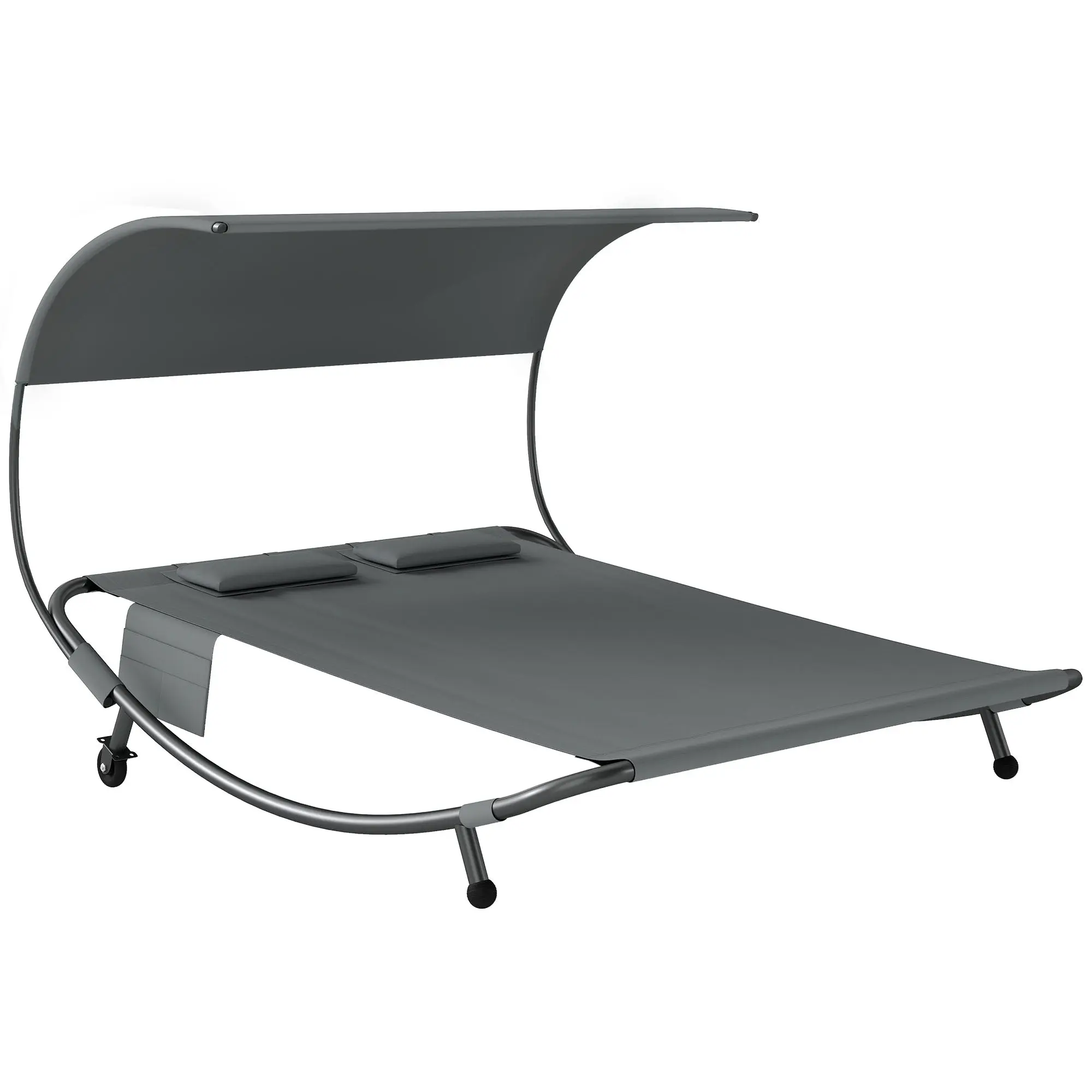 2-Person Double Sun Lounger with Removable Canopy, Texteline Seating, Wheels, 2 Cushions & Side Pockets — Steel Frame, Gray — Max 529 lb