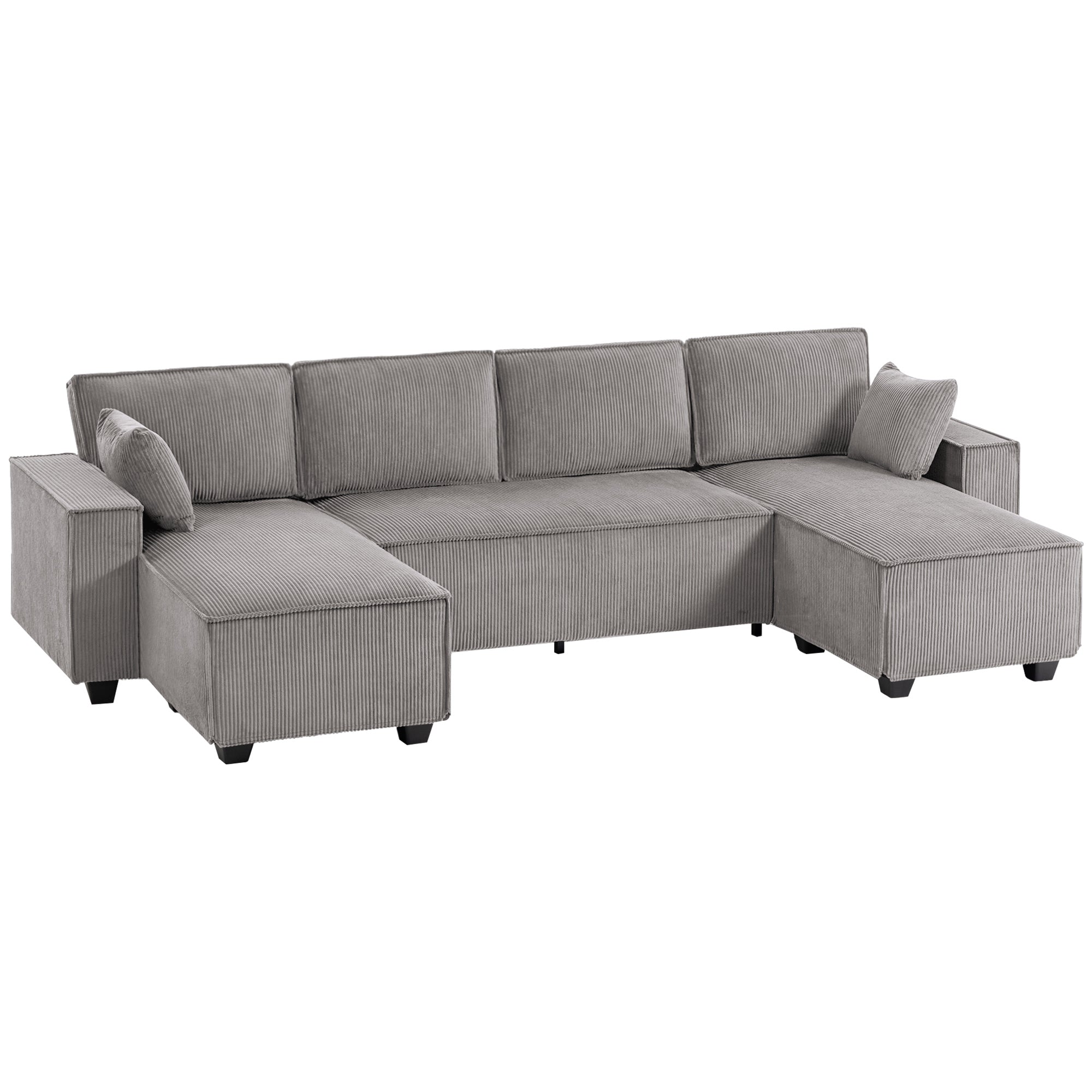 HOMCOM 311 cm U-muotoinen kulmasohva kahdella divaanilla, corduroy-verhoilu, leveät ja syvät istuimet, pussijousitetut tyynyt, leveät käsinojat, 4-hengen sohva — vaaleanharmaa