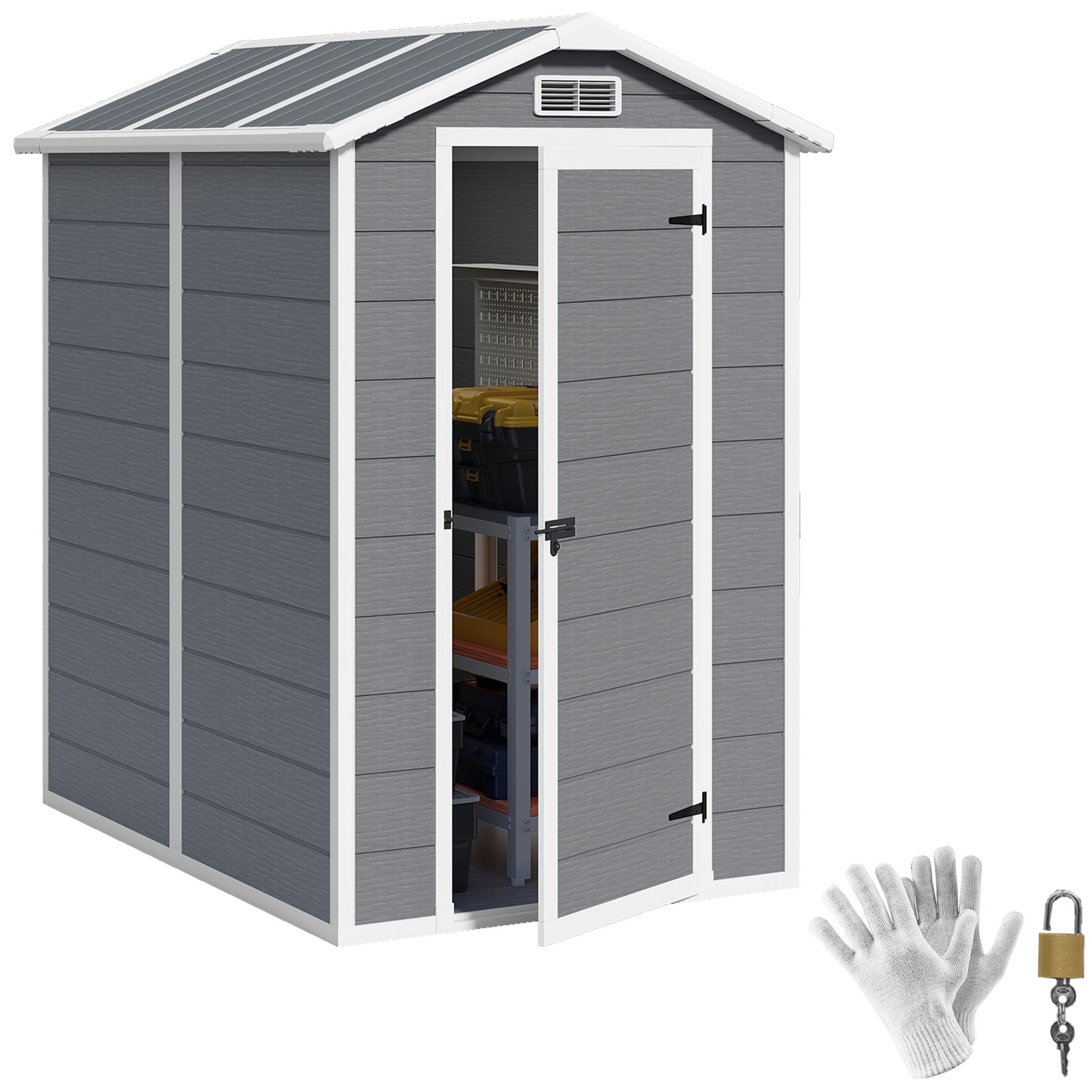 Tool Shed 2.1m?, Waterproof Garden House with Floor Pent Roof, 131x186x198/172 cm, Tool Shed with Lockable Door, Window Bicycle Garage made of Plastic, for Backyard, Garden, Gray