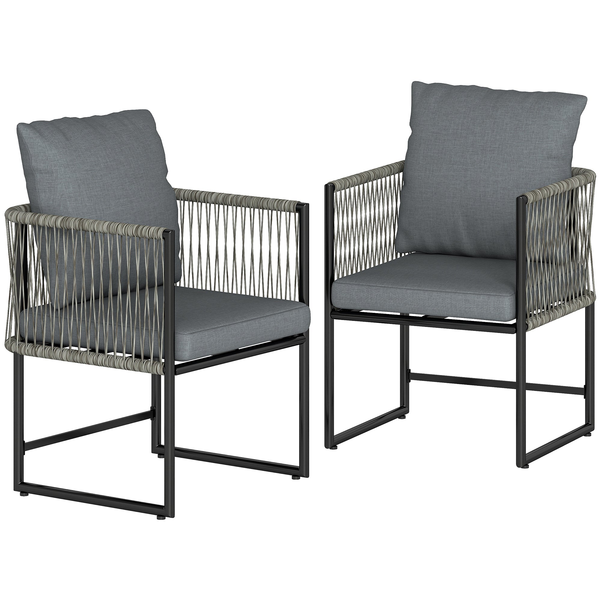 Outsunny 2er-Set wetterfeste Gartenstühle — Stahlrahmen, PE-Rattan, mit Polstern, Arm- & Rückenlehnen, bis 120 kg, Dunkelgrau