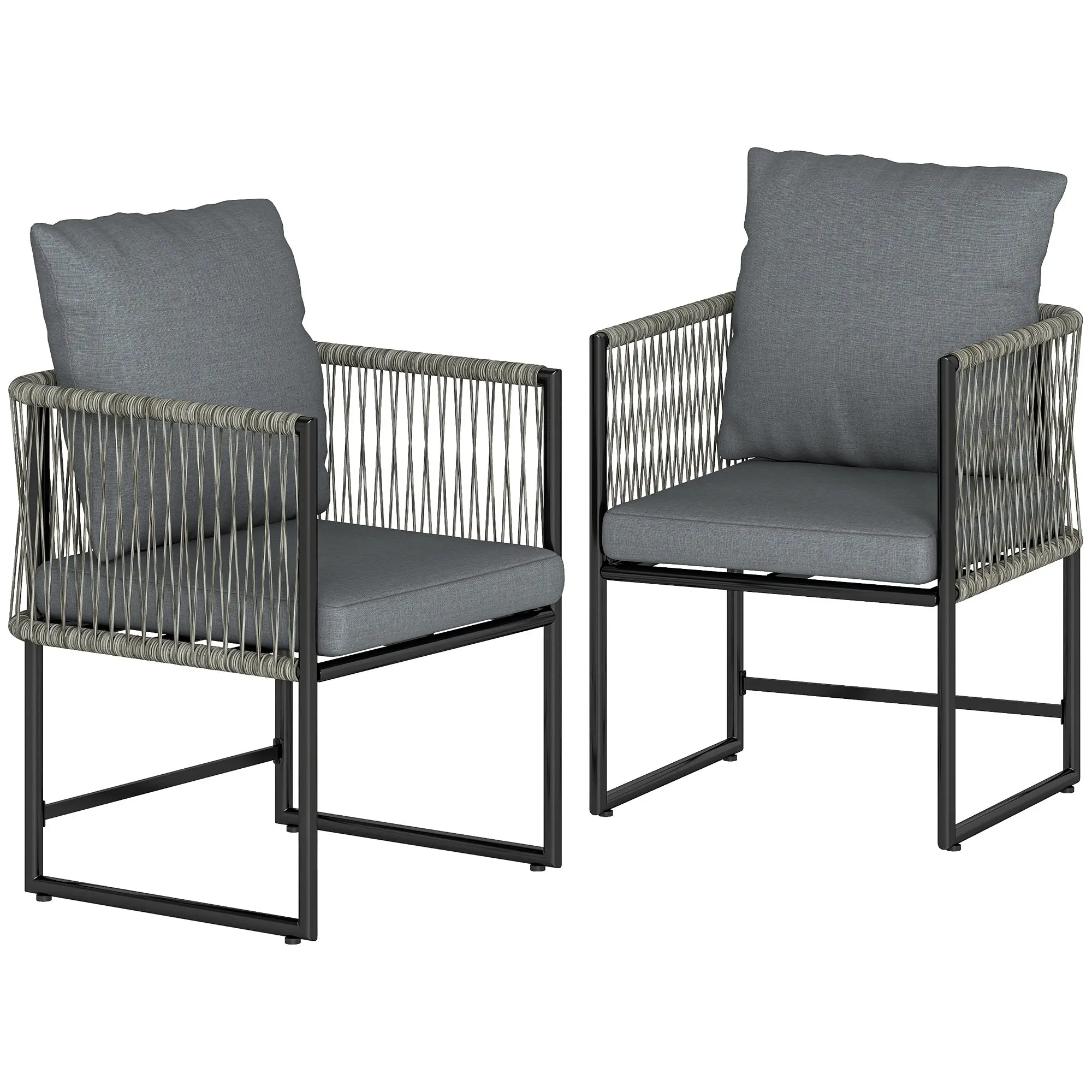 2-Pack Weatherproof Garden Chairs — Steel Frame PE Rattan Patio Chairs with Cushions, Armrests & Backrests, Up to 265 lb Capacity, Dark Gray