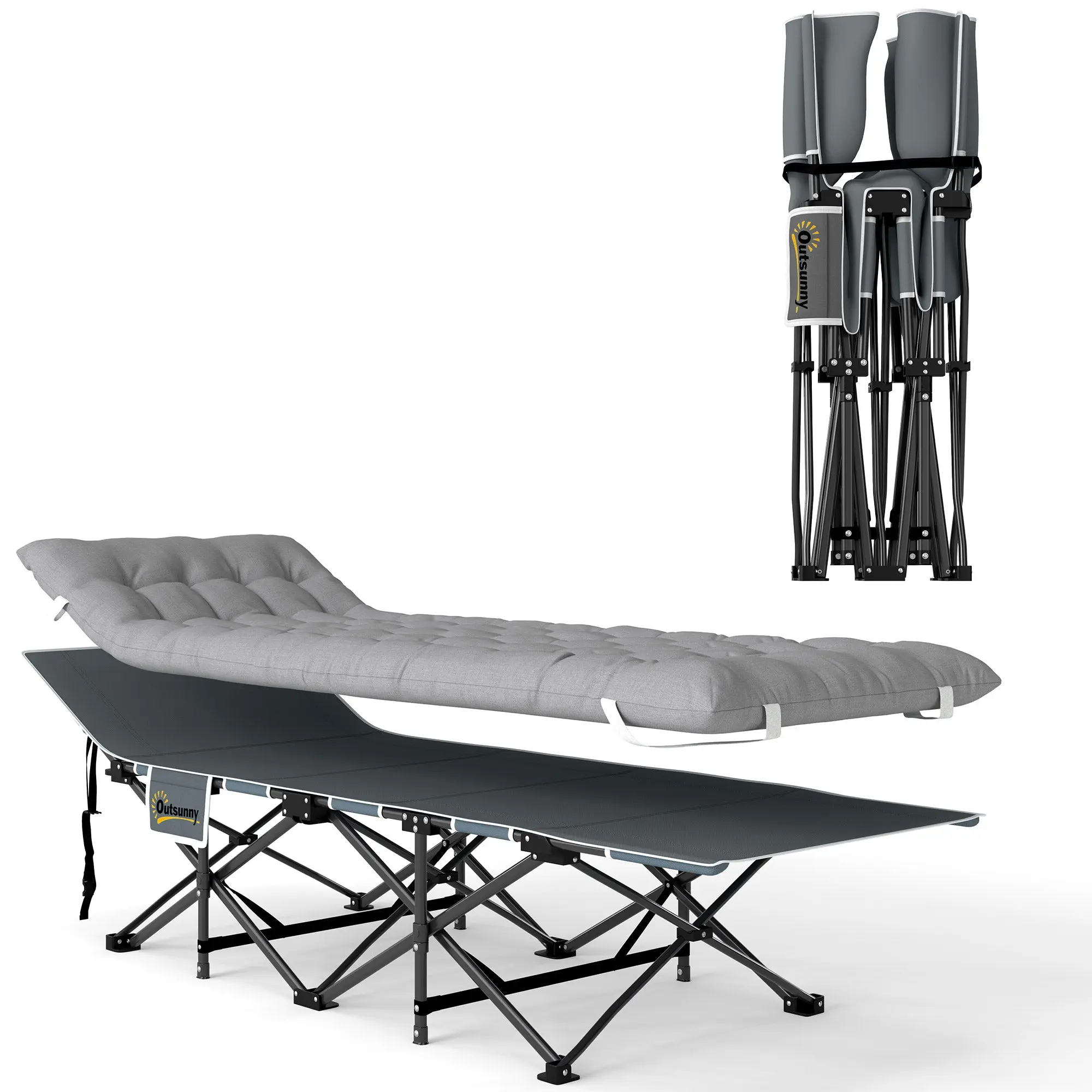 Folding Camp Bed Camping Bed with Mattress Pillow Side Pocket 190 x 65 x 37 cm Camping Cot for Adults Guest Bed up to 150 kg Foldable Bed for Outdoor, Garden Camping Travel Light gray