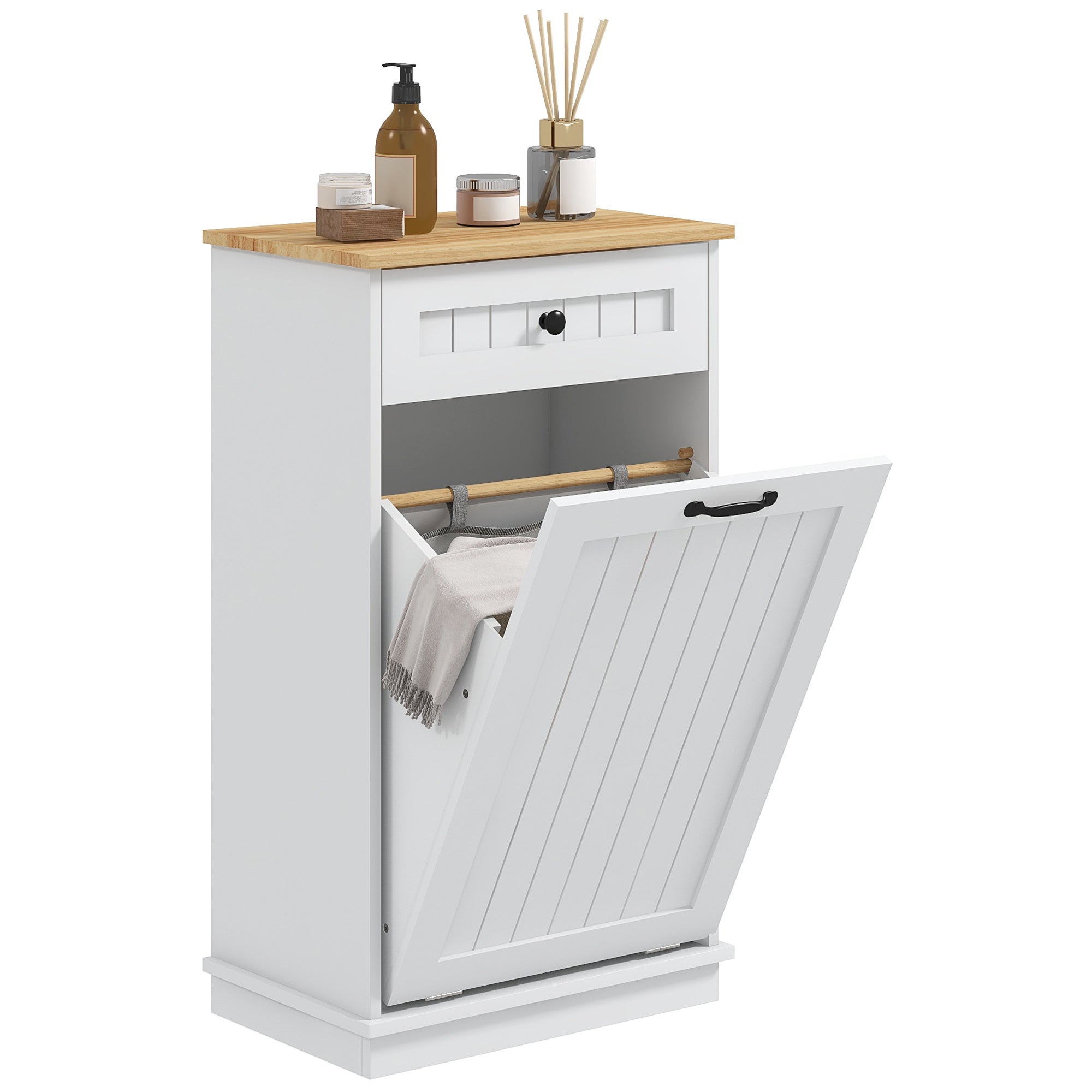 HOMCOM Badschrank Wäschekorb Badschrank mit Schublade und Umsturzsicherung Modernes Badezimmermöbel 52x33x90 cm Weiß