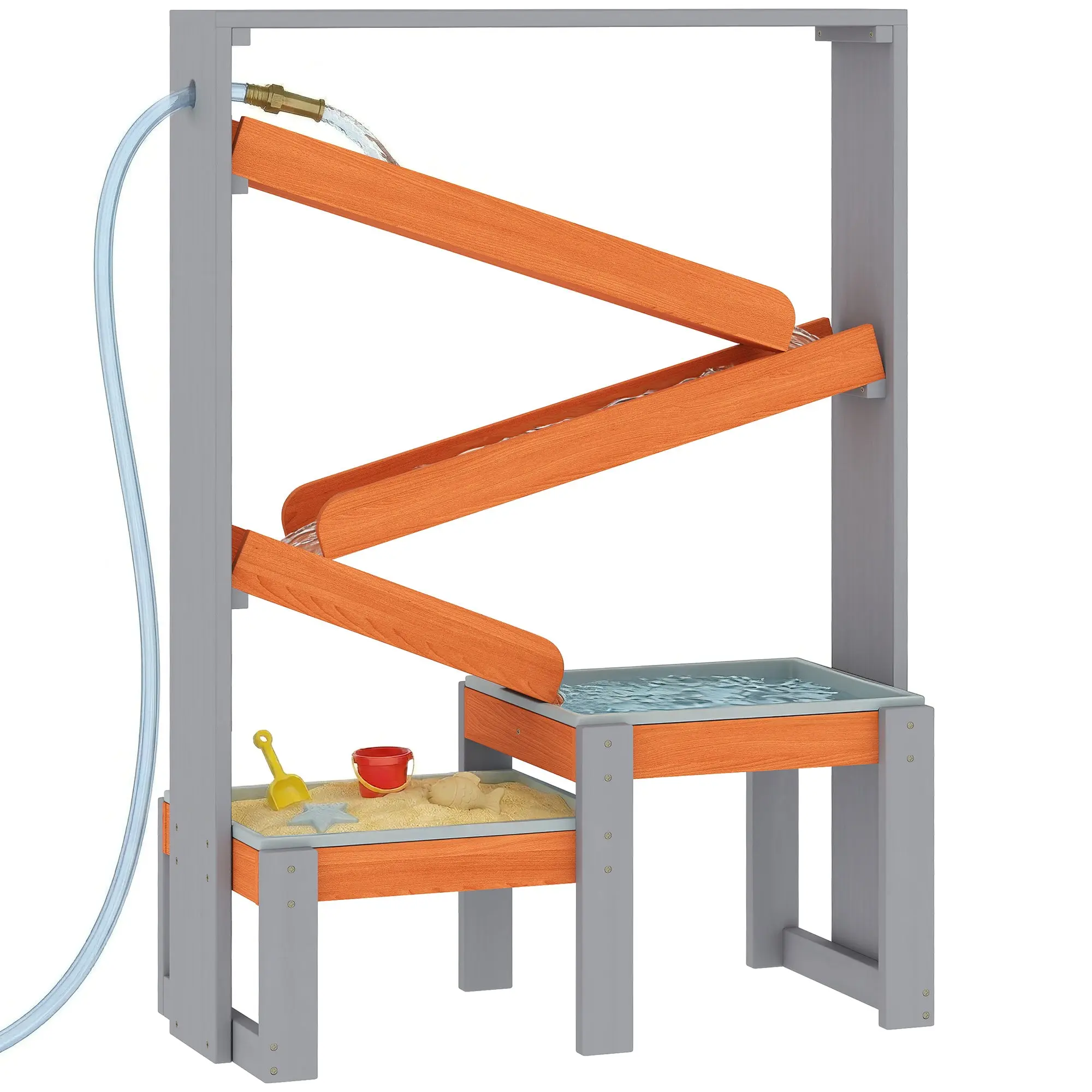 Sand & Water Play Table — Wooden Water Channel, 2 Removable Basins, Gray, Ages 3–8