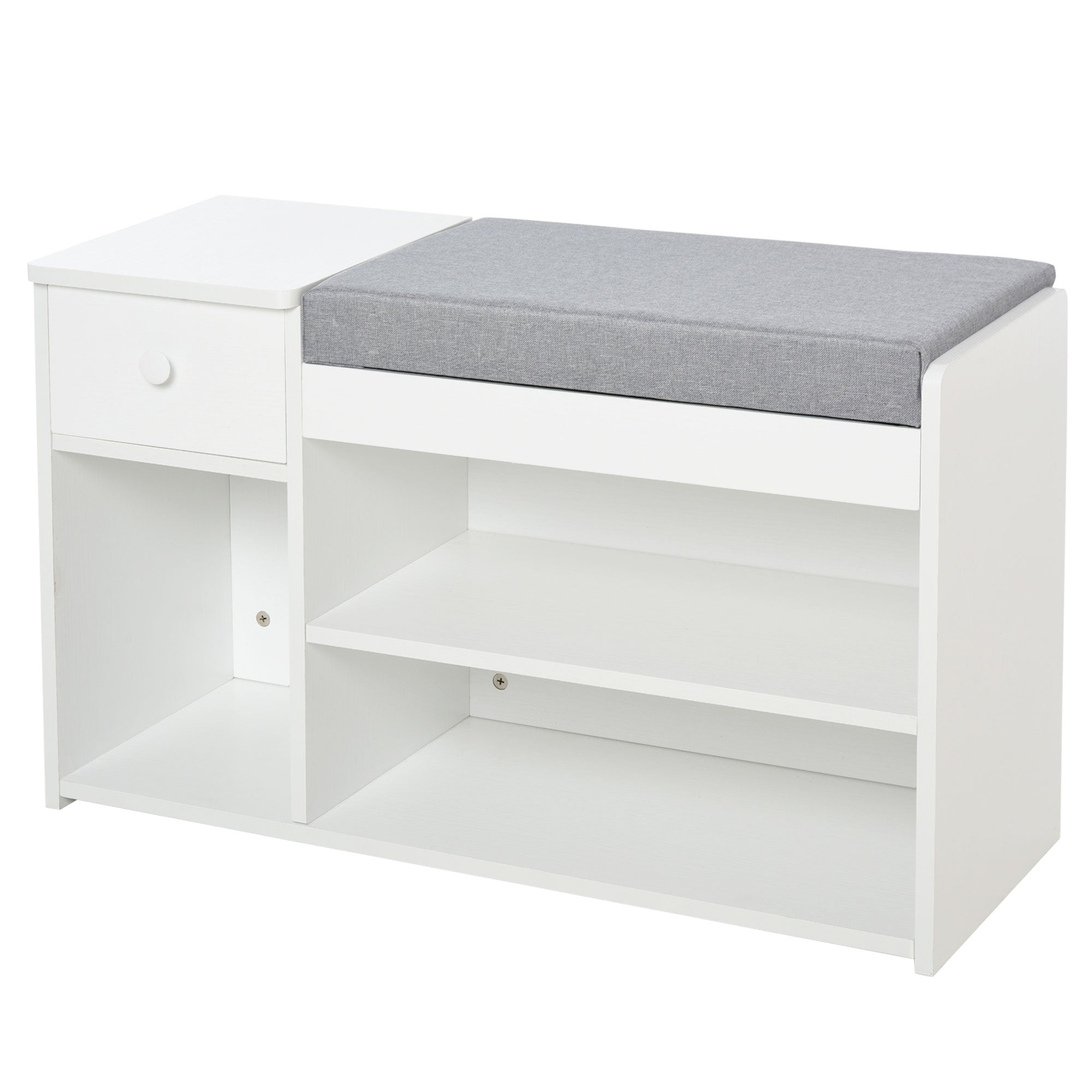 Banc à chaussures HOMCOM avec coussin, tiroir et 3 compartiments ouverts, Meuble d'entrée en bois 81x31,5x49cm, Blanc