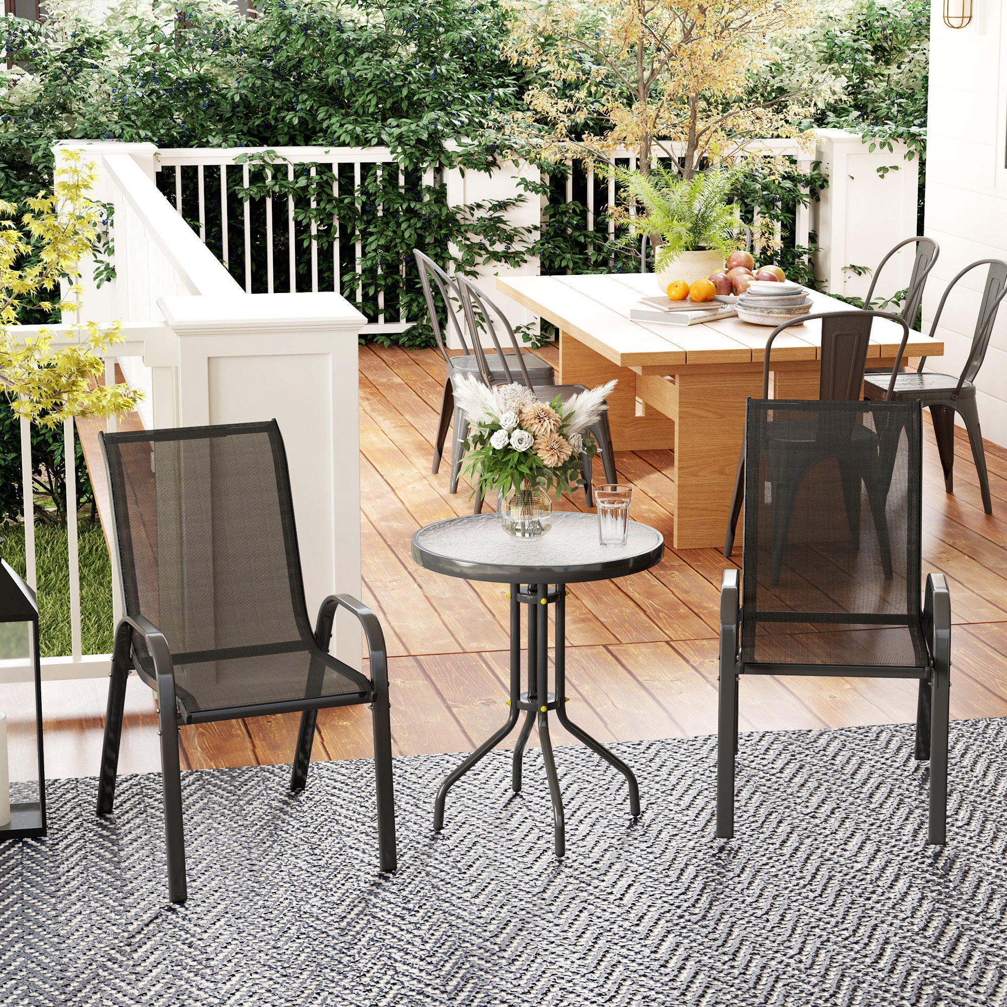 Outsunny zahradní lounge set 3 kusy, 2 skládací křesla a konferenční stolek s tvrzeným sklem, textilénová látka, pro terasu, balkon, černá