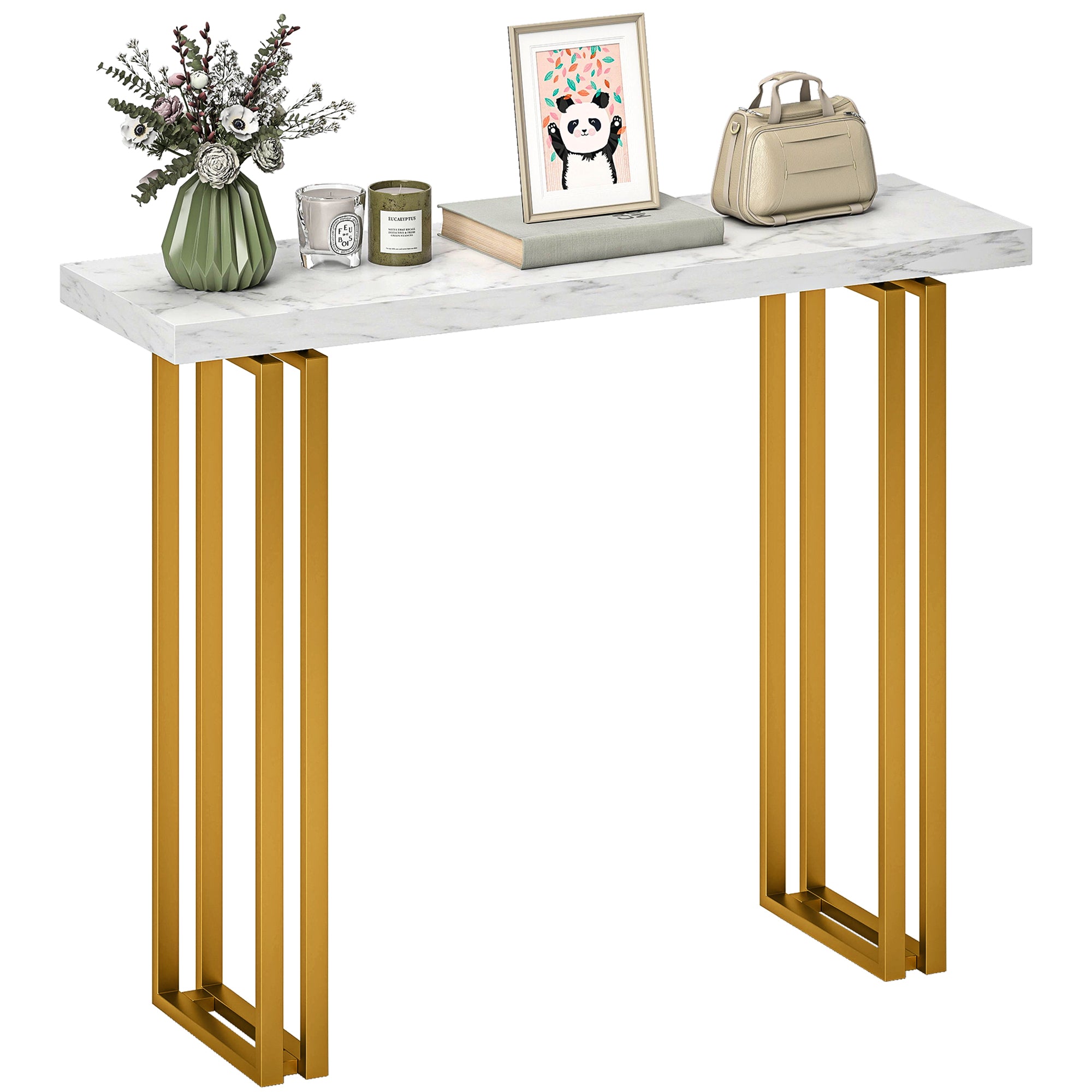 HOMCOM Konsoltisch, Entrée-Konsol mat Marmoreffekt-Top, Stahlframe, schlank modernes Design, Sofatëscht fir Wunnenzëmmer, 100 x 30 x 78,5 cm, Wäiss & Gold