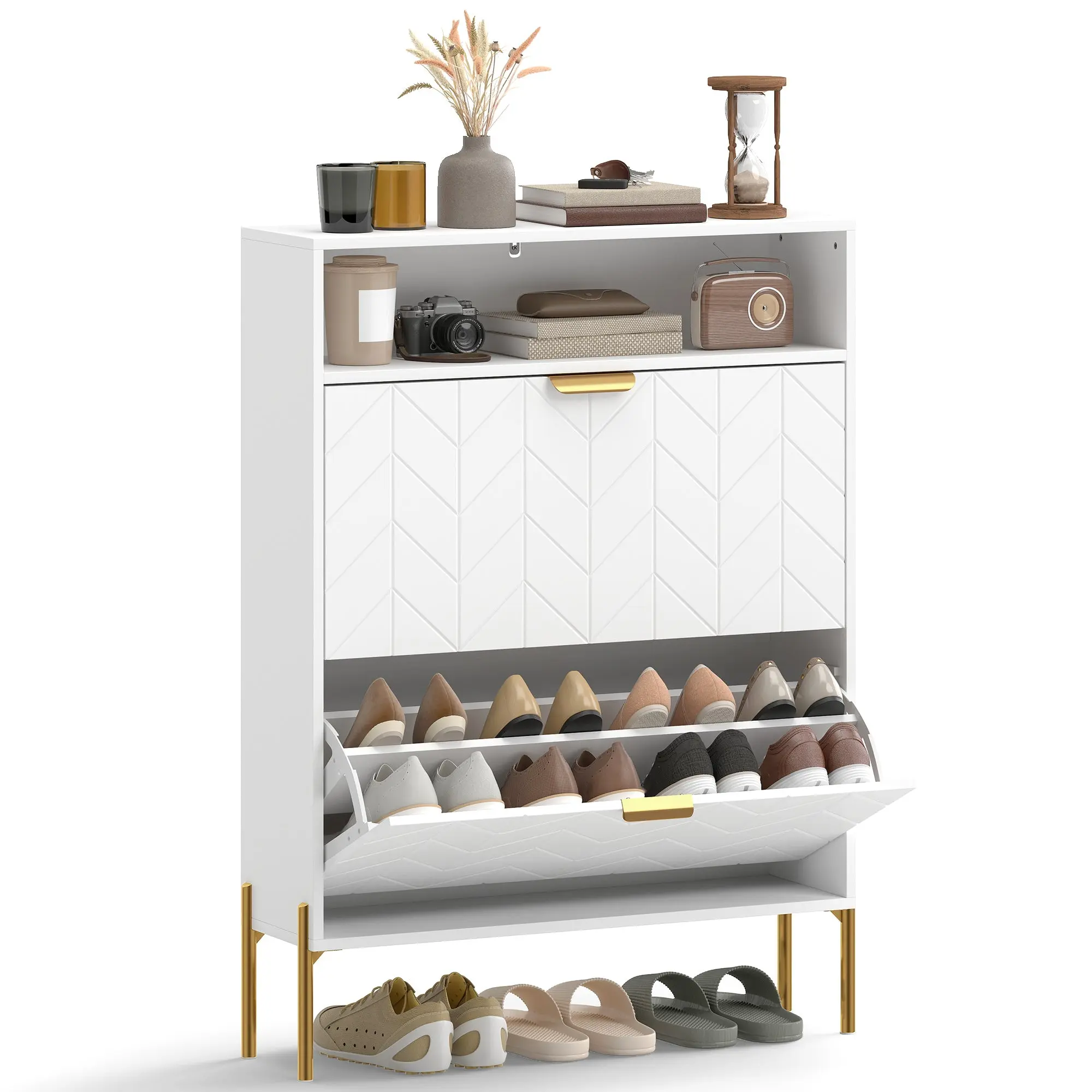 Shoe Cabinet for 16 Pairs — Narrow Shoe Storage with 2 Flip Drawers, Open Compartment & Adjustable Shelves, Modern, for Hallway/Entry, 31.5 x 9.3 x 43.3 in (80 x 23.7 x 110 cm), White