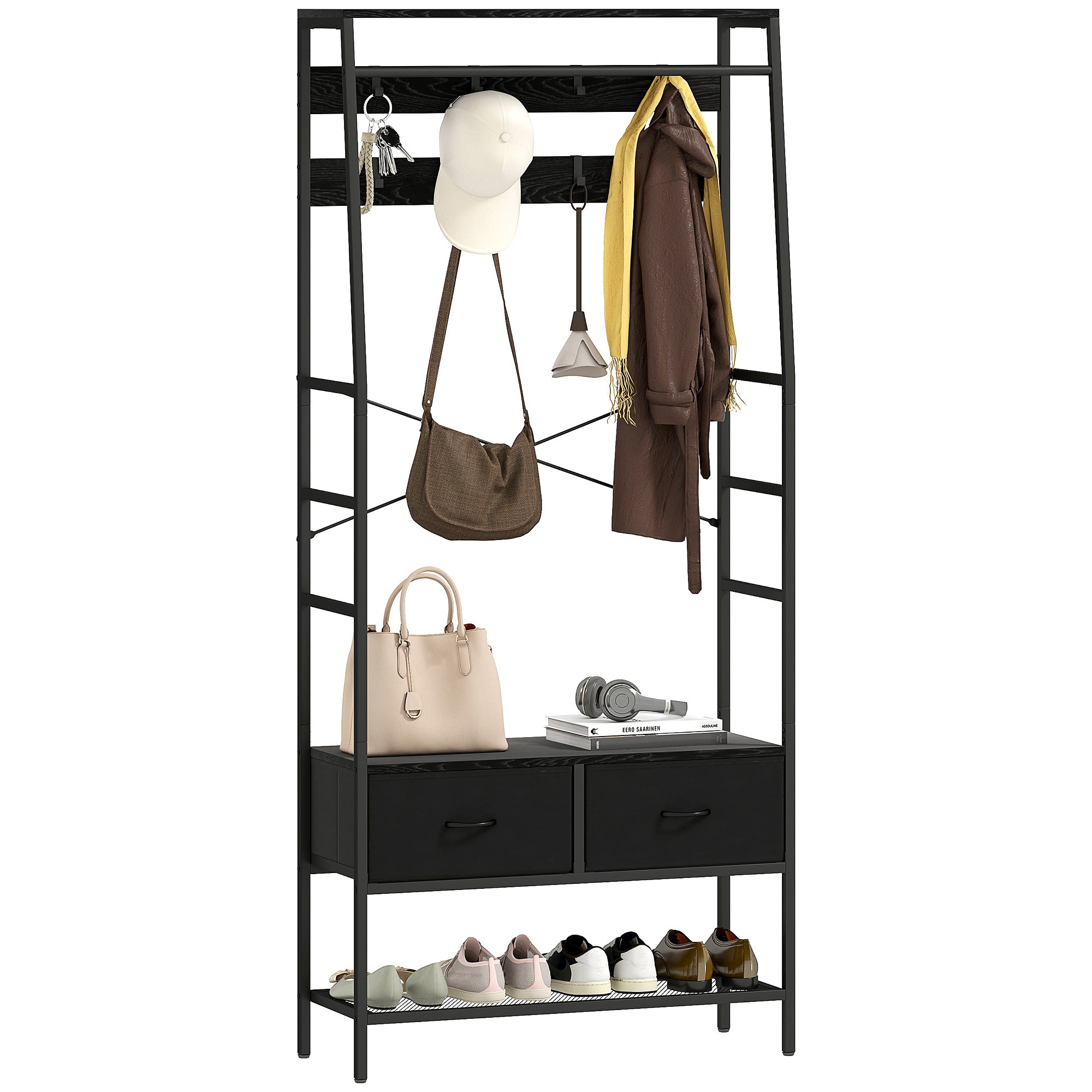 HOMCOM Kleedestander, Kleederrack mat Schueregal, 2 Stoffzichbicher, Kleedestander mat 8 Haken, Regal, Kleedestander mat Kipp-Schutz, fir den Entrée, Flur, Schlofzimmer, Schwaarz
