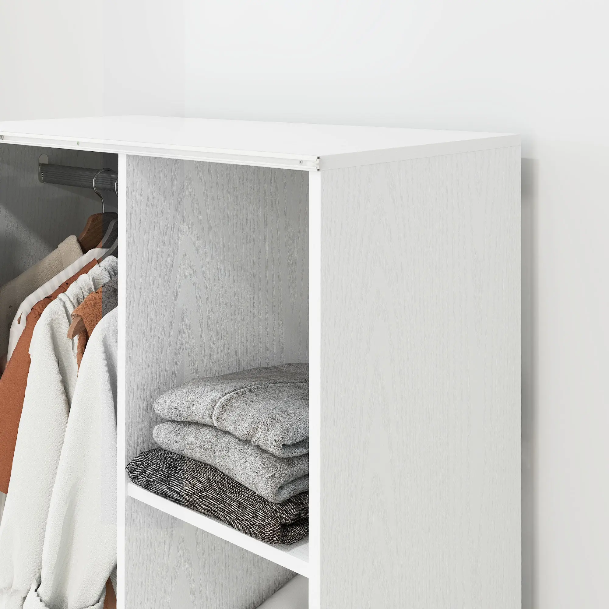 Wardrobe Closet Storage Cabinet on Wheels 4 Rolling Wheels with Clothing Rod and Open Shelves, Rolling Clothing Wardrobe for Bedroom, dim. 80 x 40 x 128 cm, White