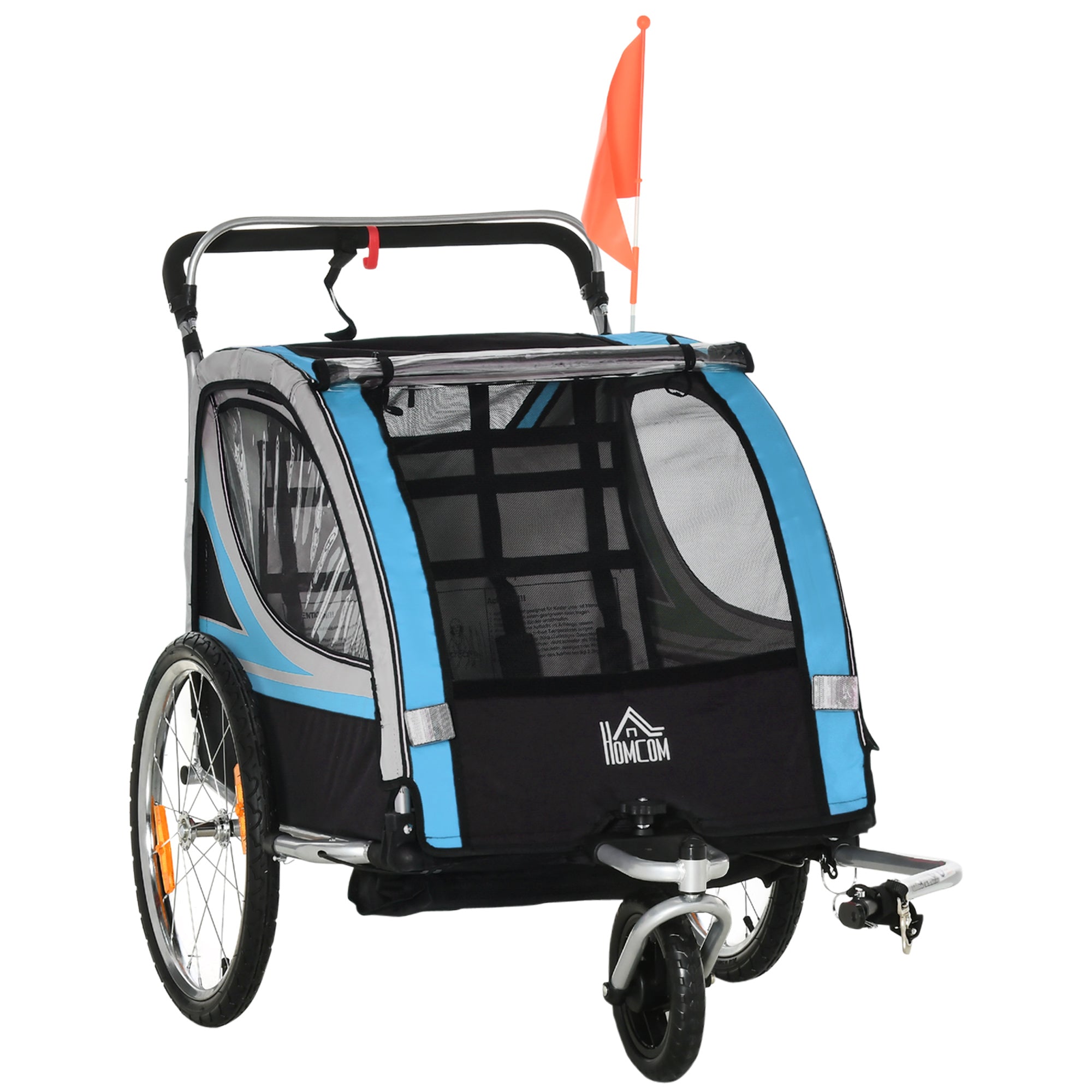 2-in-1 Foldable Kids Bike Trailer with Removable Front Wheel, Rear Brakes, Kids Bike Trailer for 2 Children from 18 Months, up to 26.4 kg Capacity, Blue