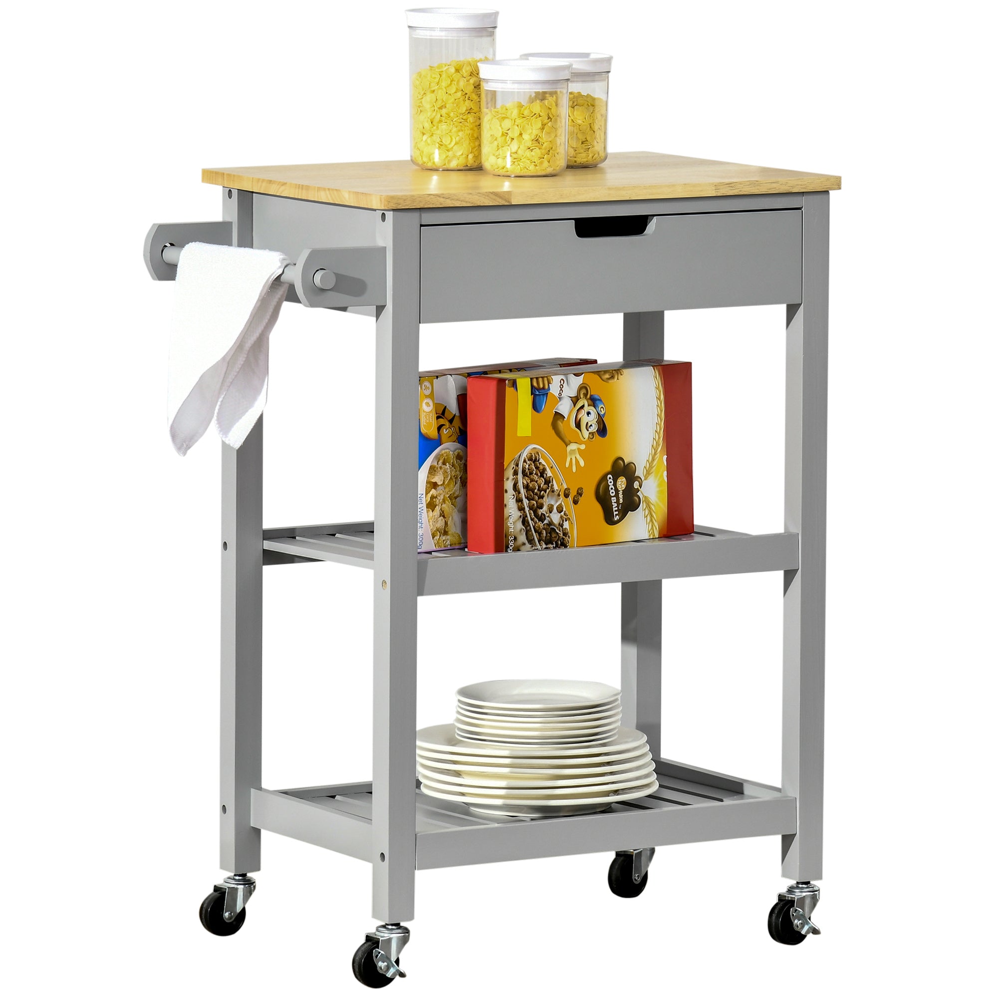 Rolling Kitchen Cart with Storage and Rubber Wood Worktop, Mobile Kitchen Island with Drawer, 2 Shelves and Towel Holder, Grey