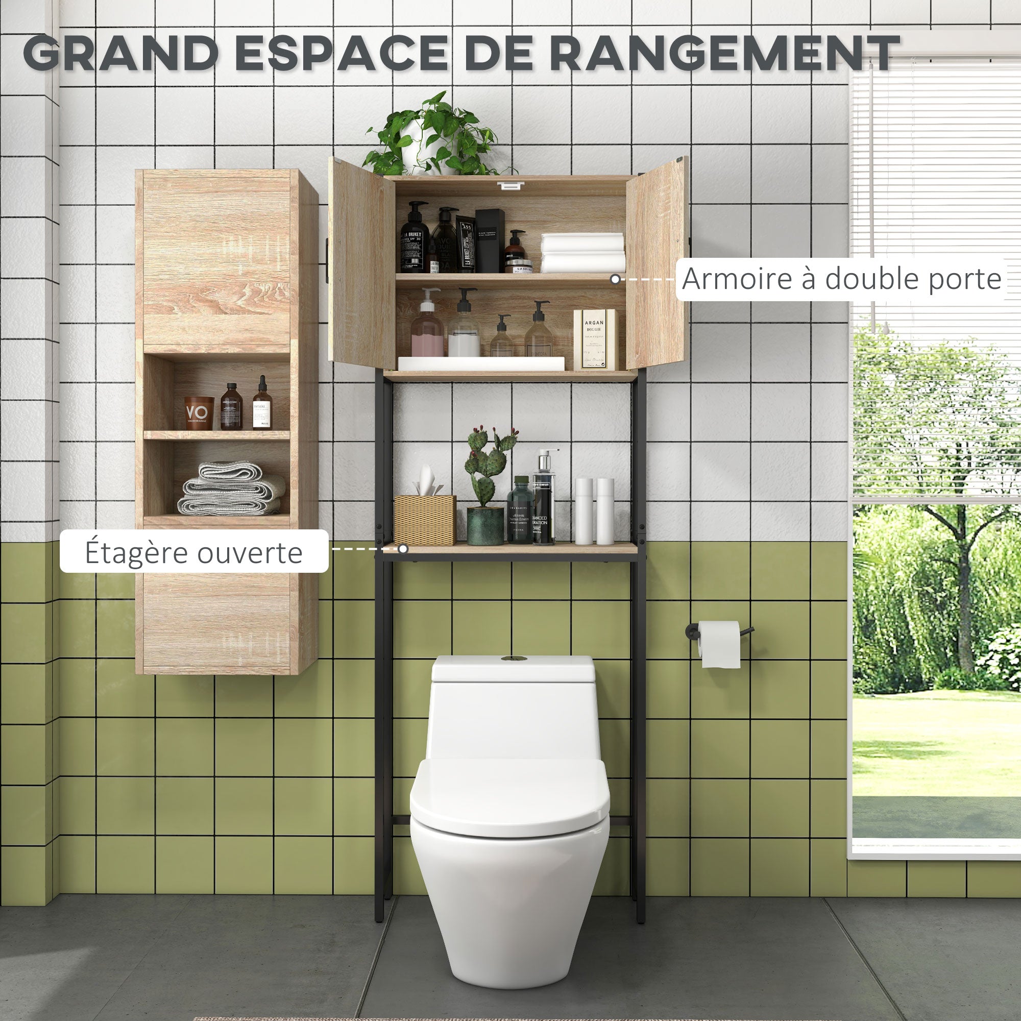 Toilet Shelf Bathroom Cabinet Over Toilet WC with 2 Doors Cupboard and Open Shelf 64L x 19W x 178H cm Oak and Black