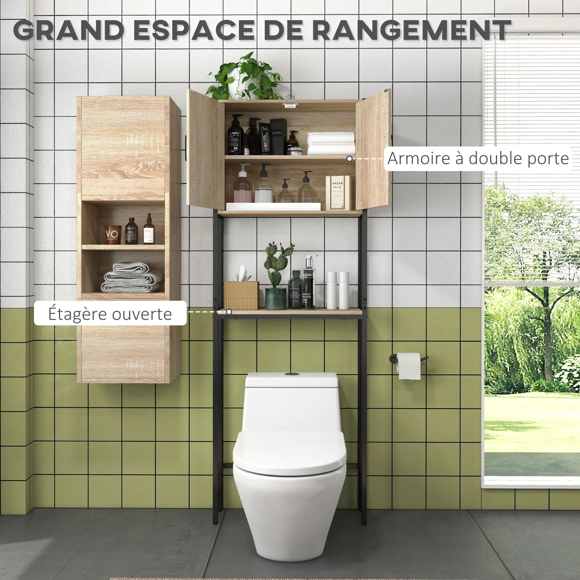 Toilet Shelf Bathroom Cabinet Over Toilet WC with 2 Doors Cupboard and Open Shelf 64L x 19W x 178H cm Oak and Black