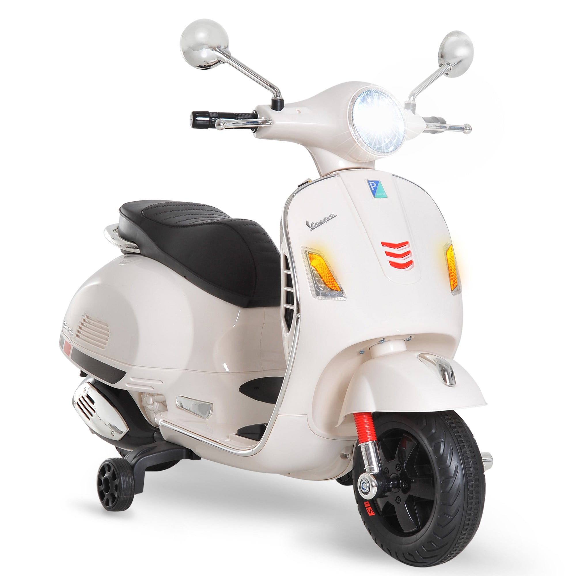 HOMCOM Elektriline Mootorratas Lastele 3-6 Aastat VESPA Omandiga Akutoitega Mootorratas Muusikaga Kiirus 2-3 km/h ja Signaal 25 kg Valge
