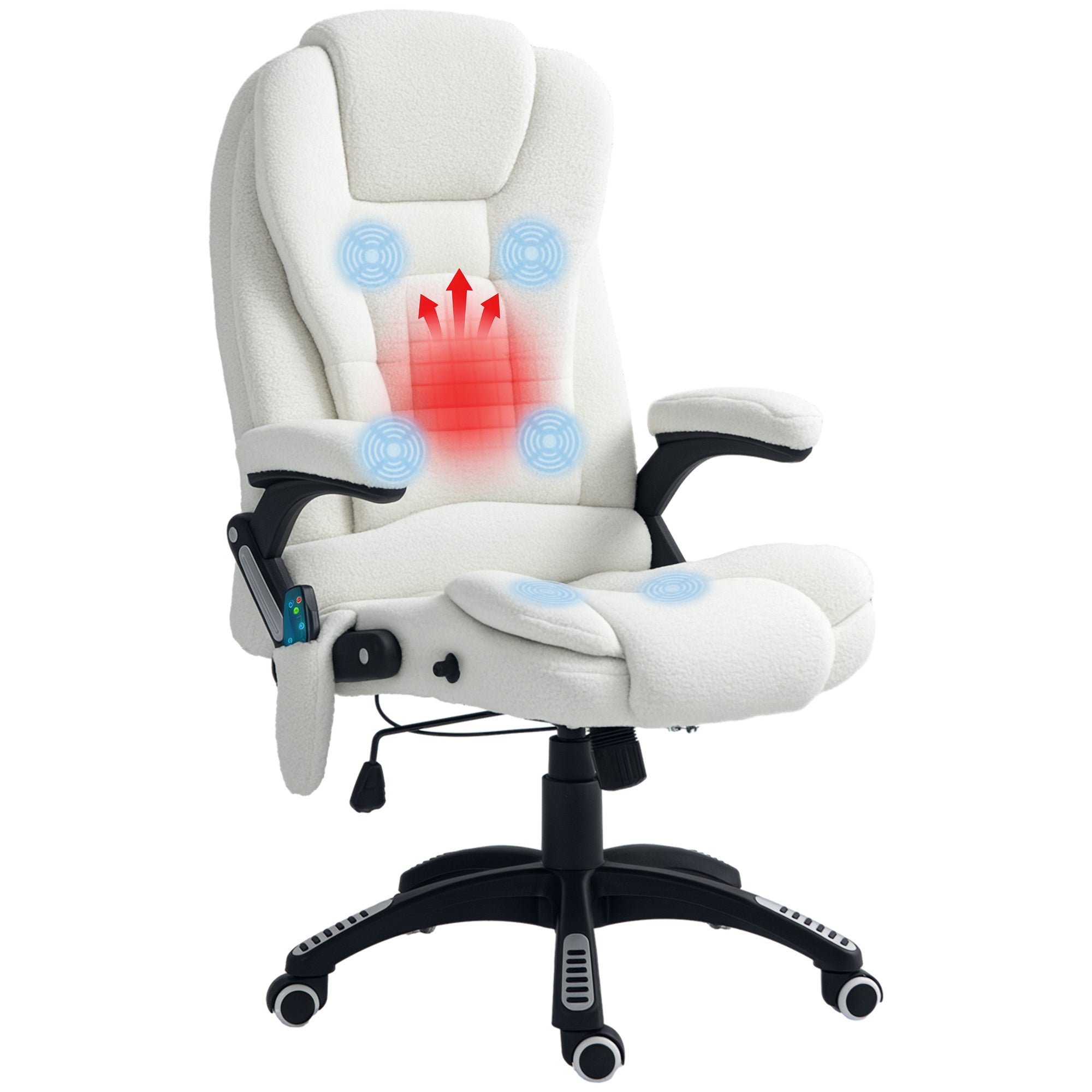 Office Chair with Vibration Massage, Ergonomic Desk Chair with Heating, Reclining Function, Height Adjustable Executive Chair with Remote Control, Side Pocket, Teddy Velvet Look, White