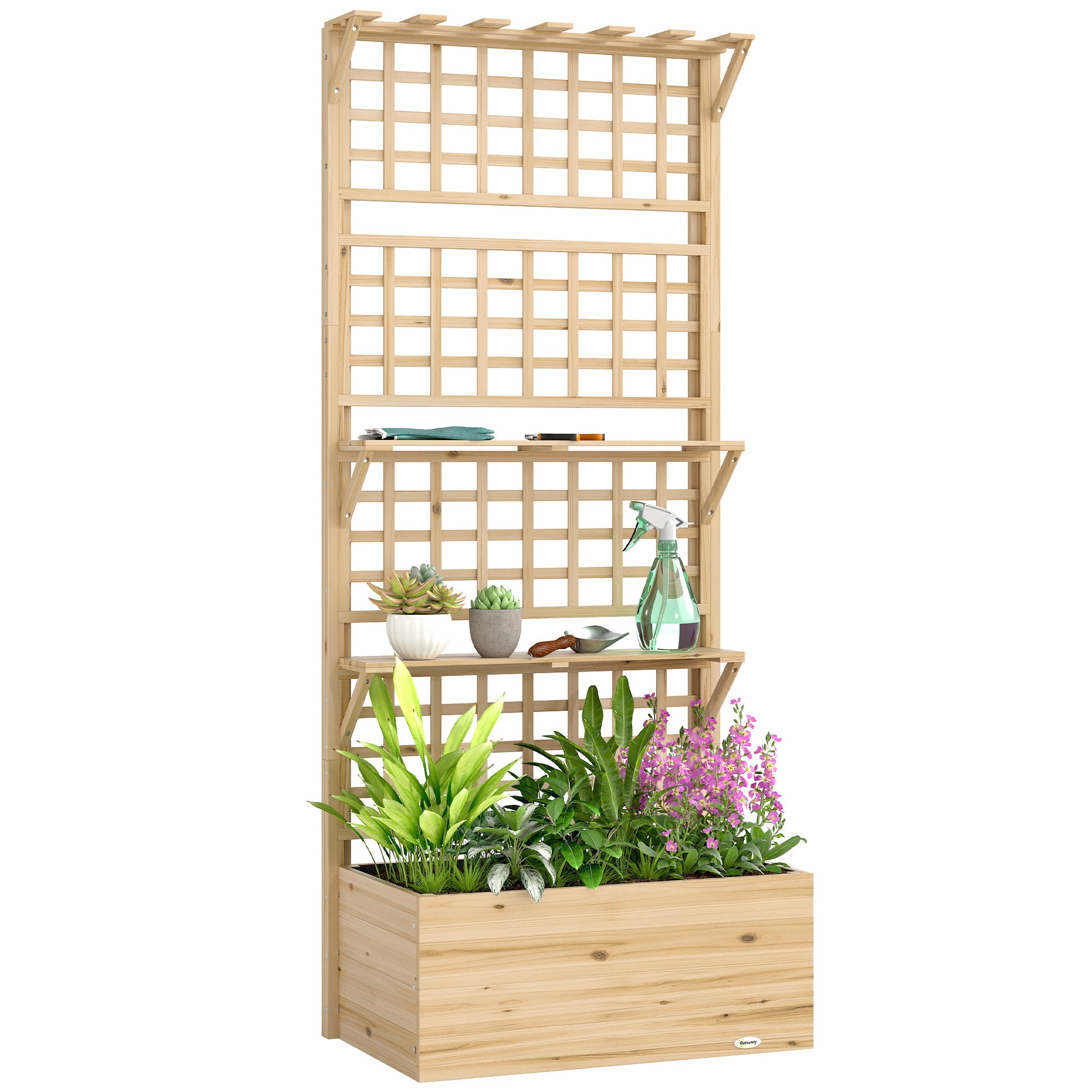Outsunny Hochbeet mit Spalier und Dach, großes Fichtenholz-Pflanzbeet für Kletterpflanzen, 2 Ablagen, Abfluss & Innenvlies, 76 x 43,5 x 177 cm, natur