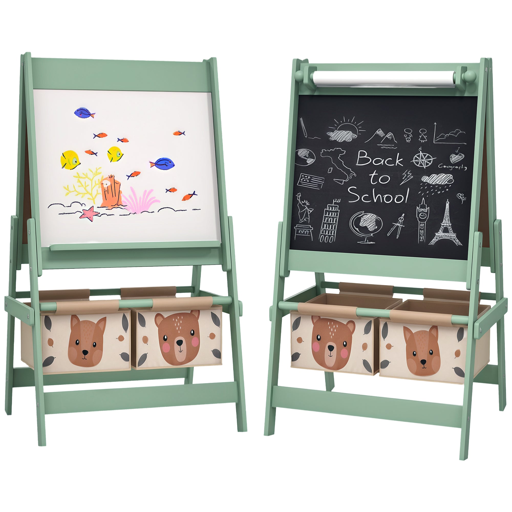 AIYAPLAY Kanner Schiefertafel, 3 zu 1 Kanner Easel, Doppelsäit Kanner Spillschaf, Whiteboard & Schiefertafel, Stand mat Pabeierroll, 2 Späicherkëschten, Anner Zubehéier