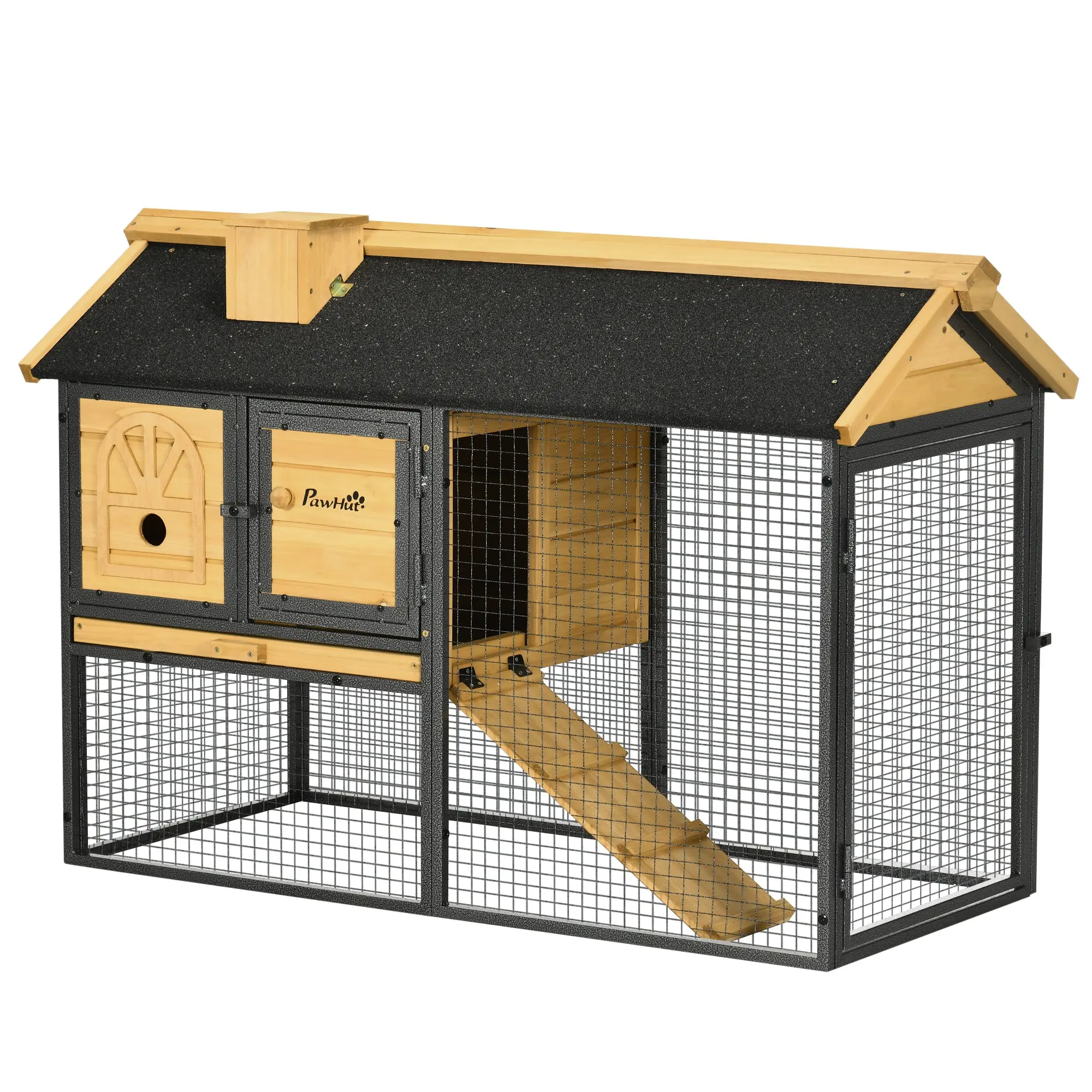 2-Tier Wooden Rabbit Hutch with Open Area Asphalt Roof Removable Tray Doors and Ramp Outdoor Rabbit Hutch 47.2"L x 21.9"W x 31.5"H Natural and Black