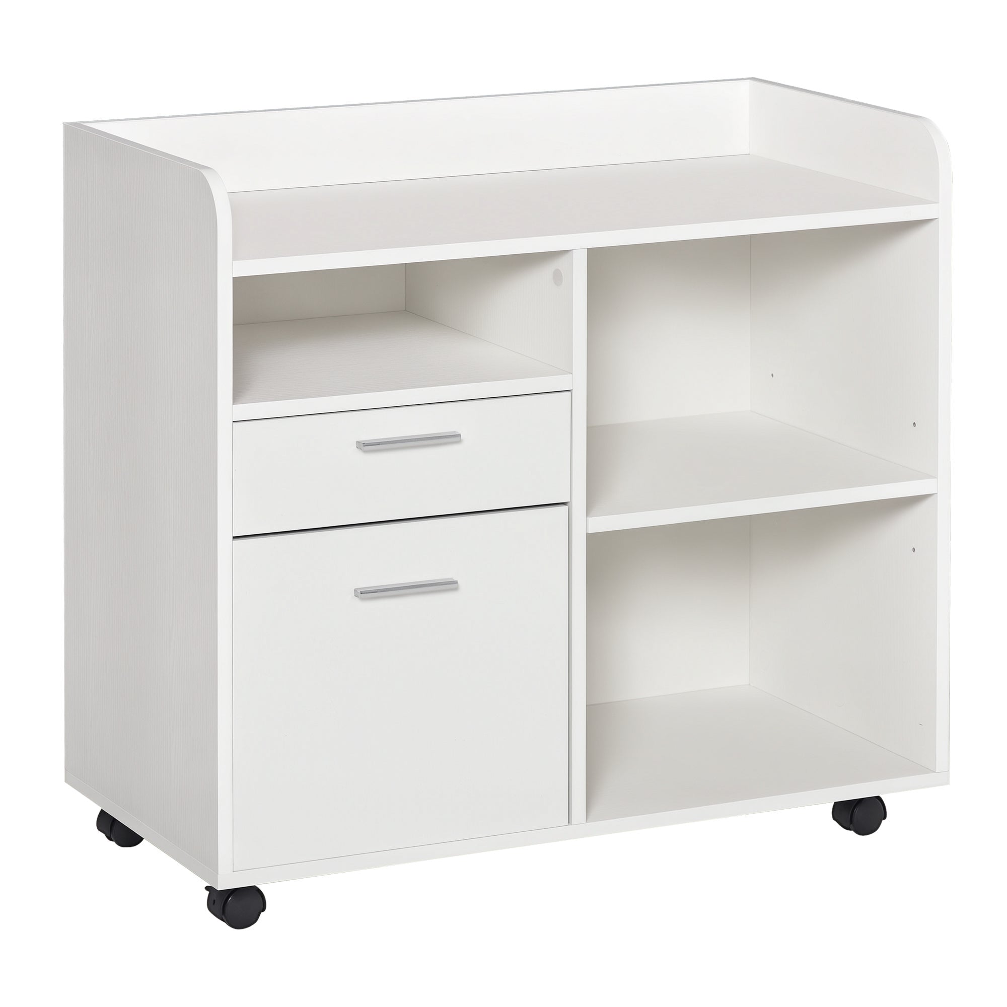 Vinsetto Dréckerstand Multifunktionellen Büro Wagen mat 3 Fächer 2 Dokumentedréiwen anpassbare Regal Rieder mat 2 Bremsen 80x40x72 cm Wäiss
