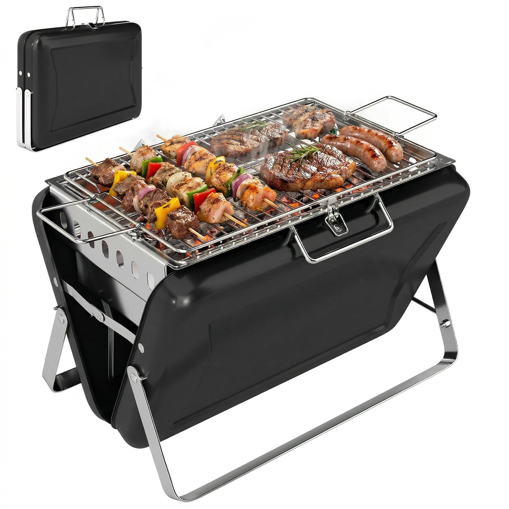 Outsunny roštilj-smoker na ugljen od nehrđajućeg čelika s rešetkom za kuhanje — prijenosna ručka, sklopive noge, stalak za ugljen, za kampiranje, terasu i vrt, 40 x 28 x 25,5 cm, crni