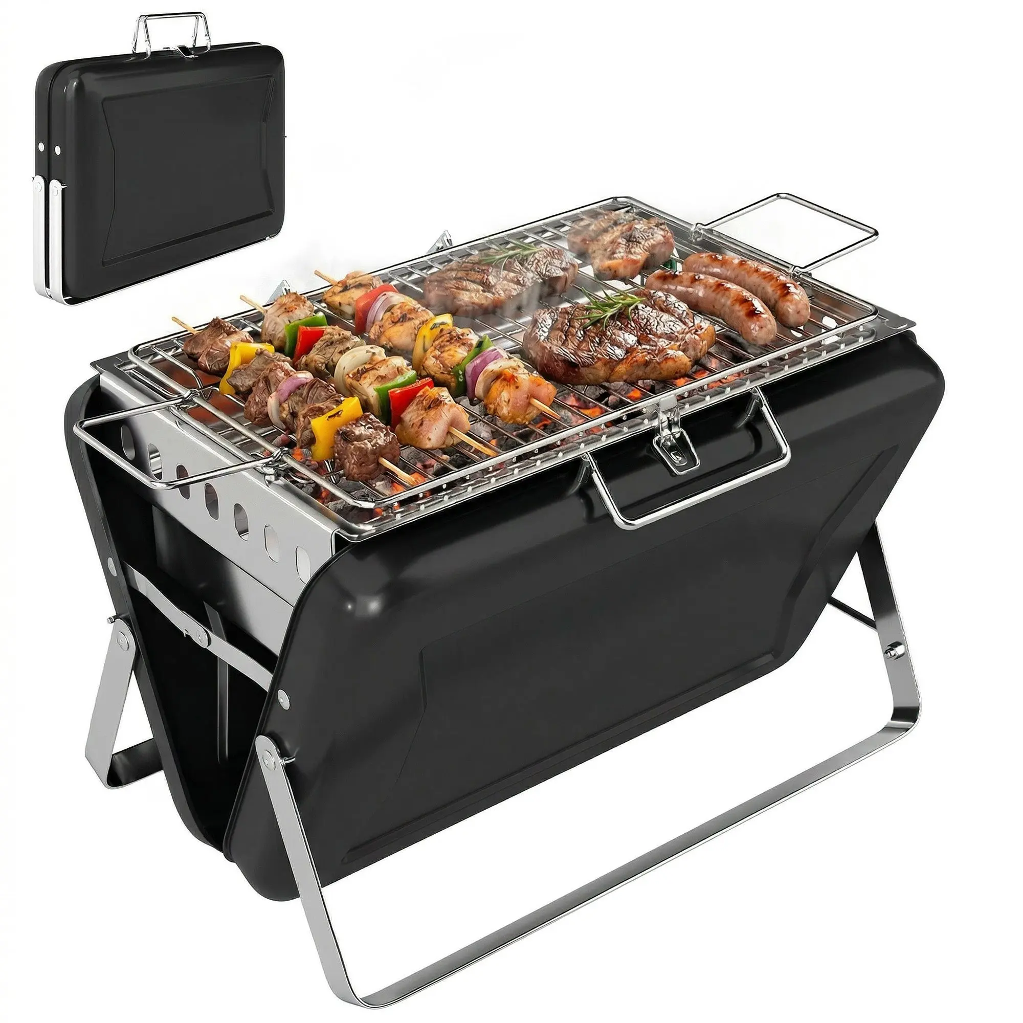 Stainless Steel Charcoal BBQ Smoker with Cooking Grate — Portable Carry Handle, Folding Legs, Charcoal Stand Grill for Barbecue, Camping, Patio & Garden, 15.7 x 11.0 x 10.0 in, Black