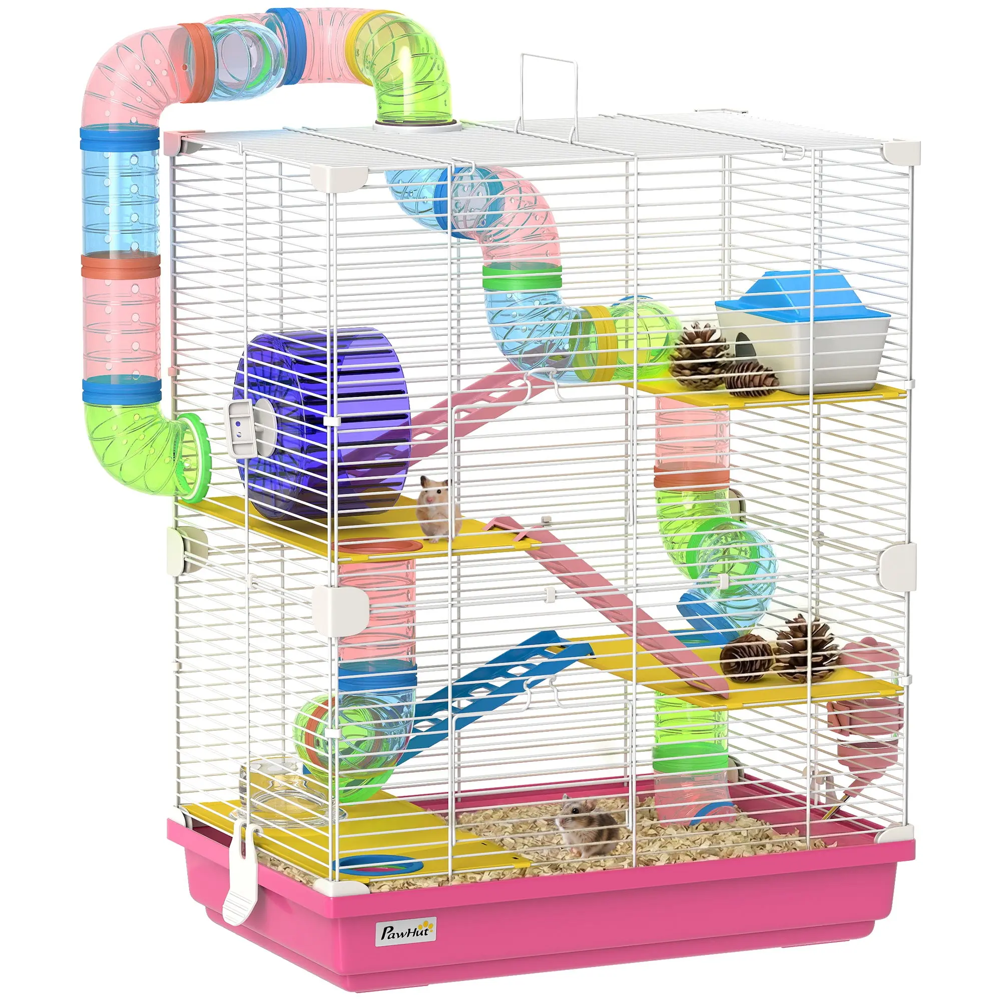 5-Level Hamster Cage — Multi-Level Small Pet Habitat with Tunnels, Platforms, Food Bowl, Water Bottle, Hideout, Ramps & Exercise Wheel, Pink (18.1×11.8×22.8 in)