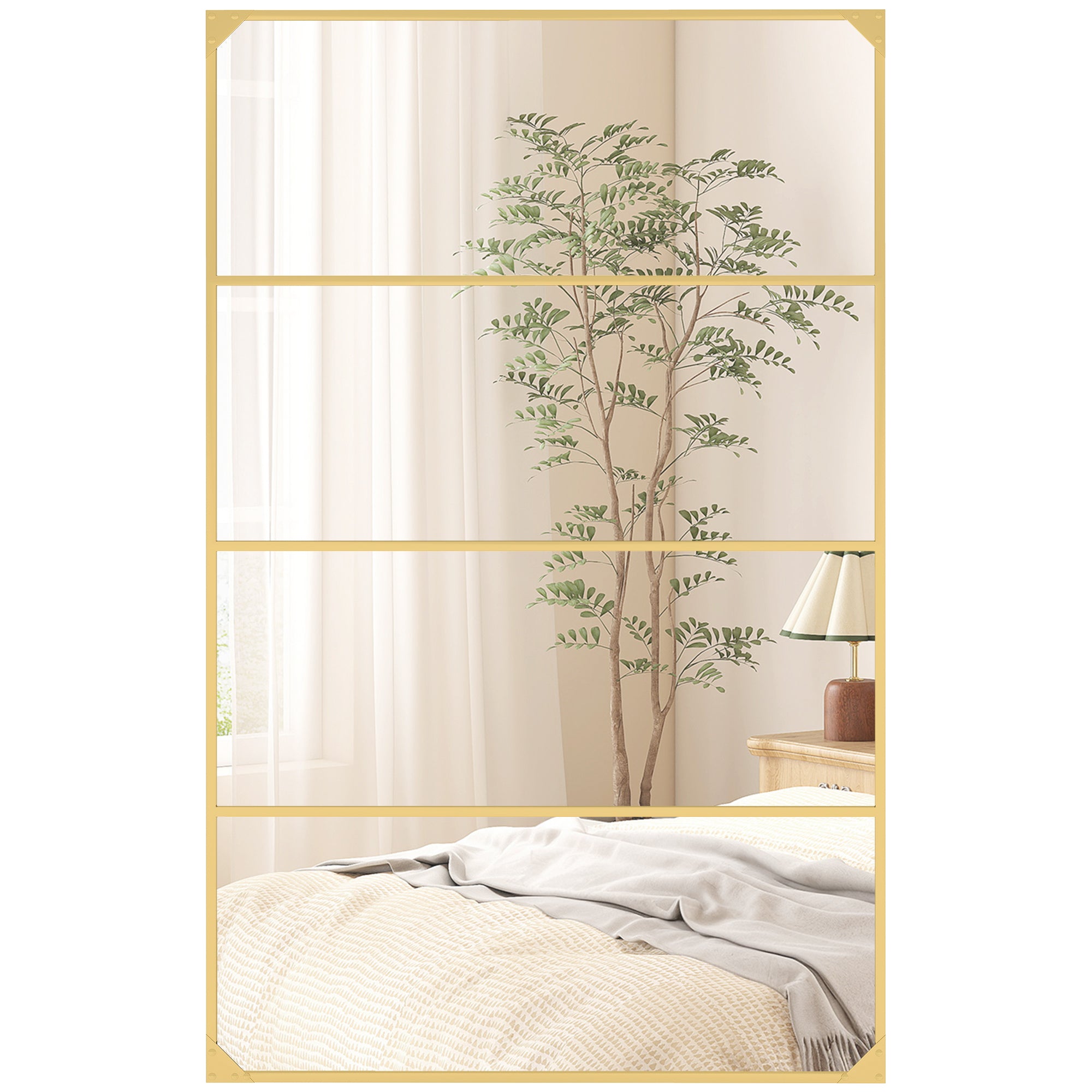 HOMCOM industriālais logu rūtiņu stila sienas spogulis, zelta metāla rāmis, taisnstūrveida, horizontāli vai vertikāli — 109 x 69 cm