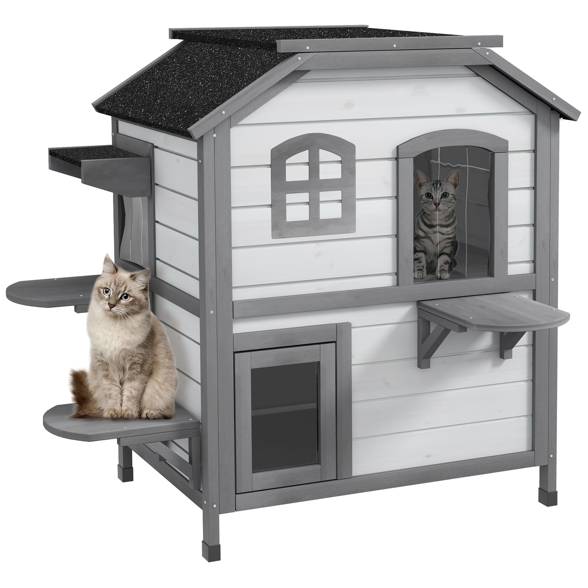 PawHut 2 Storey Wooden Outdoor Cat House Waterproof Winter Cat Shelter with Asphalt Roof, Raised Floor, Escape Door and Jump Platforms, Garden Cat Cottage 78 x 55.5 x 91 cm White
