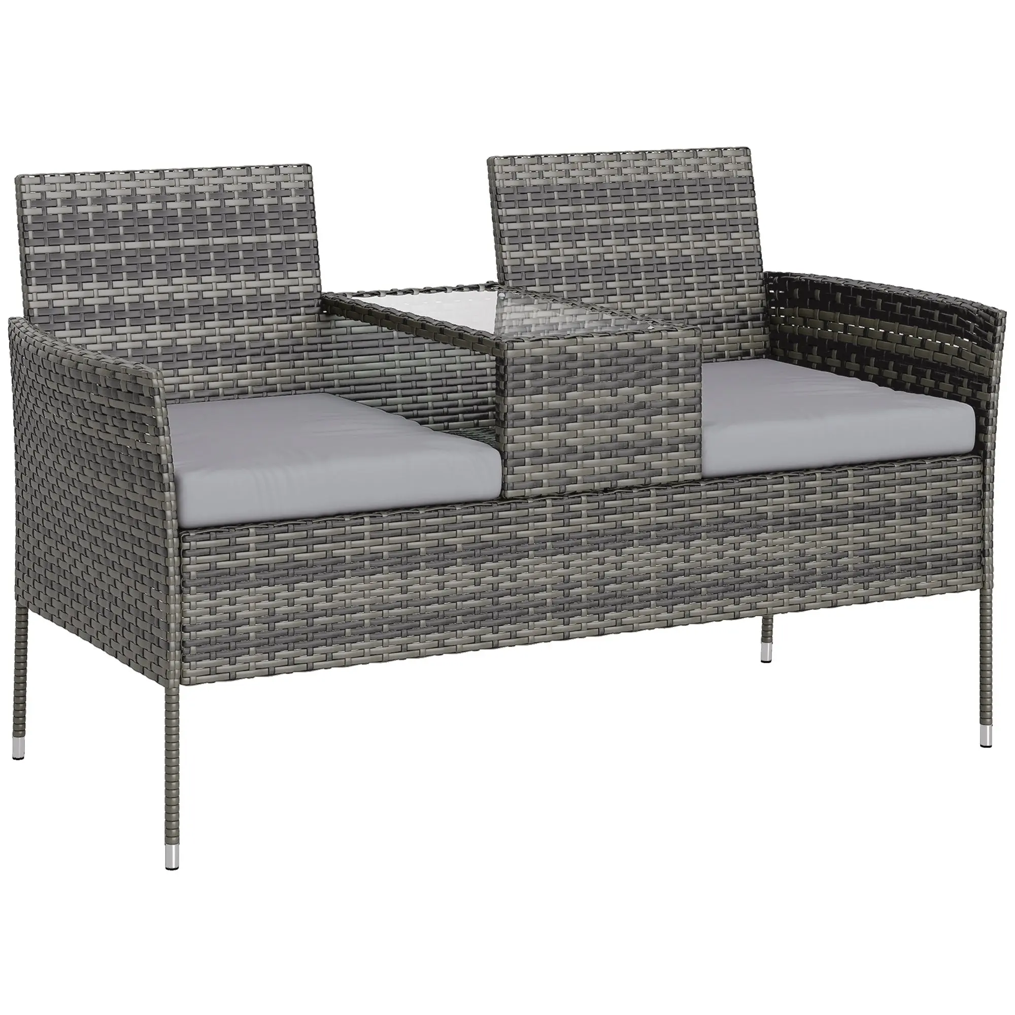 2-Seater Garden Bench in Rattan & Steel with Cushions and Central Tempered Glass Table, 53.1 x 25.2 x 31.9 in, Dark Gray
