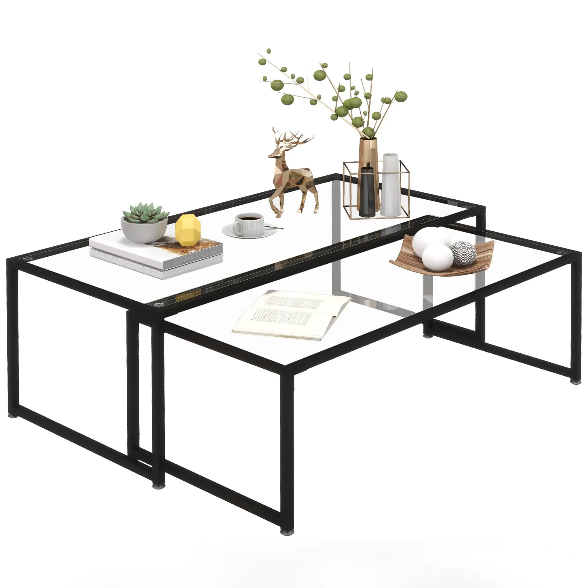 2-Piece Glass Coffee Table Set Side Table, Glass Top Coffee Table, Nesting Table, Living Room Table, Glass Table for Bedroom, Living Room Black