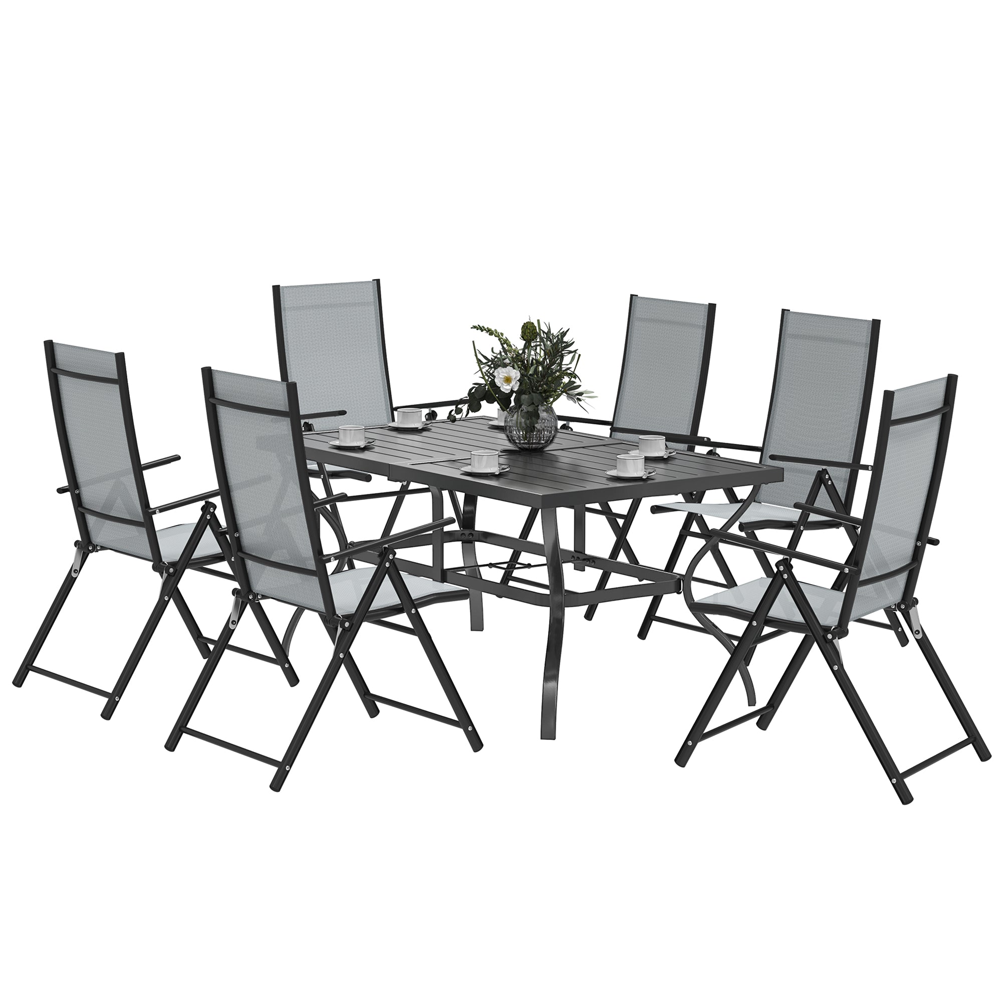 Outsunny 7-delige Tuin Tafel en Stoelen Set, Eettafel met Parasolgat en 6 Hoogrug Vouwstoelen, Stalen Rechthoekige Tuin Tafel, Grijs
