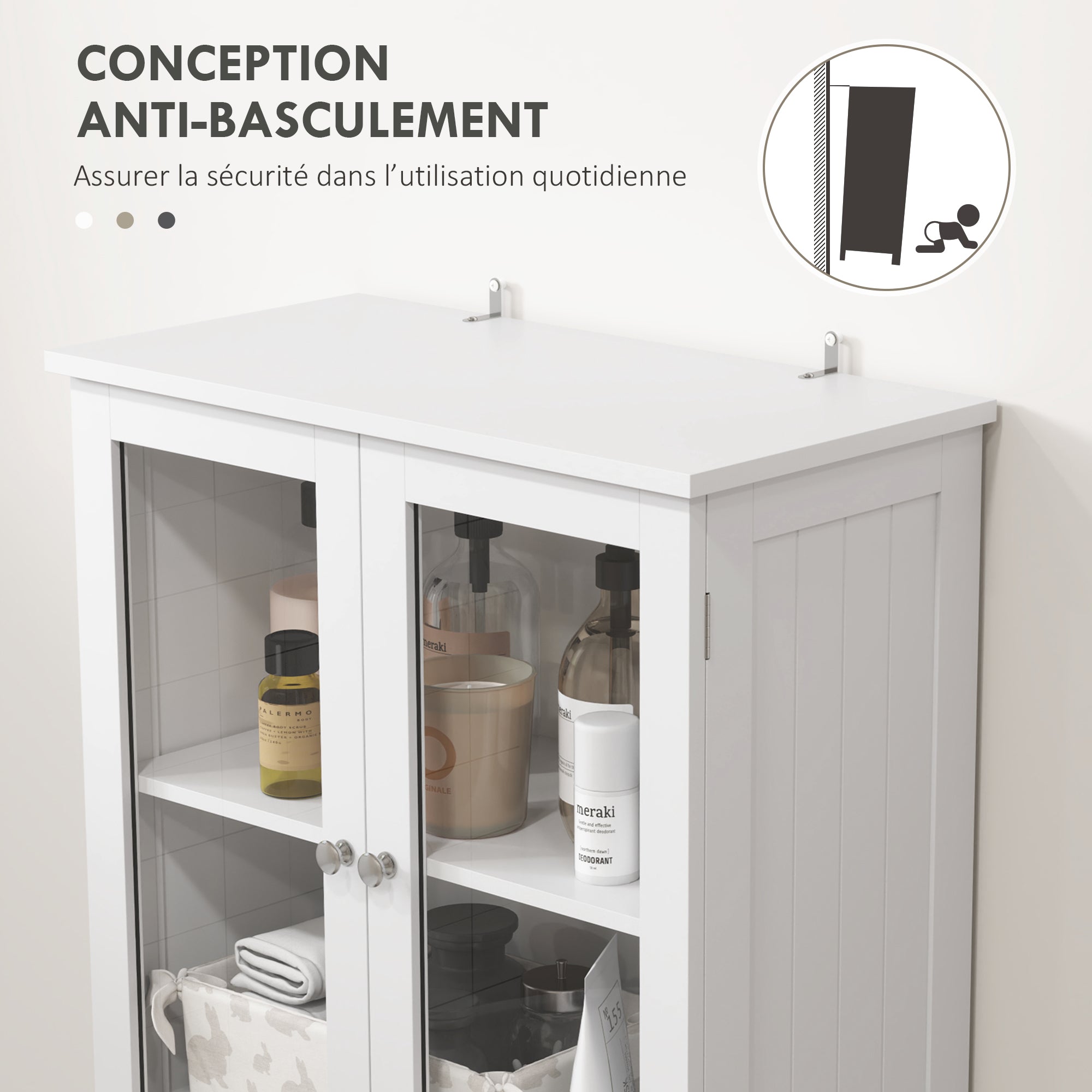 Bathroom Column, Modern High Bathroom Storage Cabinet with Glass Doors, Cupboards, Drawers and Adjustable Shelves, Bathroom Cabinet, Kitchen, Living Room, 60 x 30 x 170 cm, White