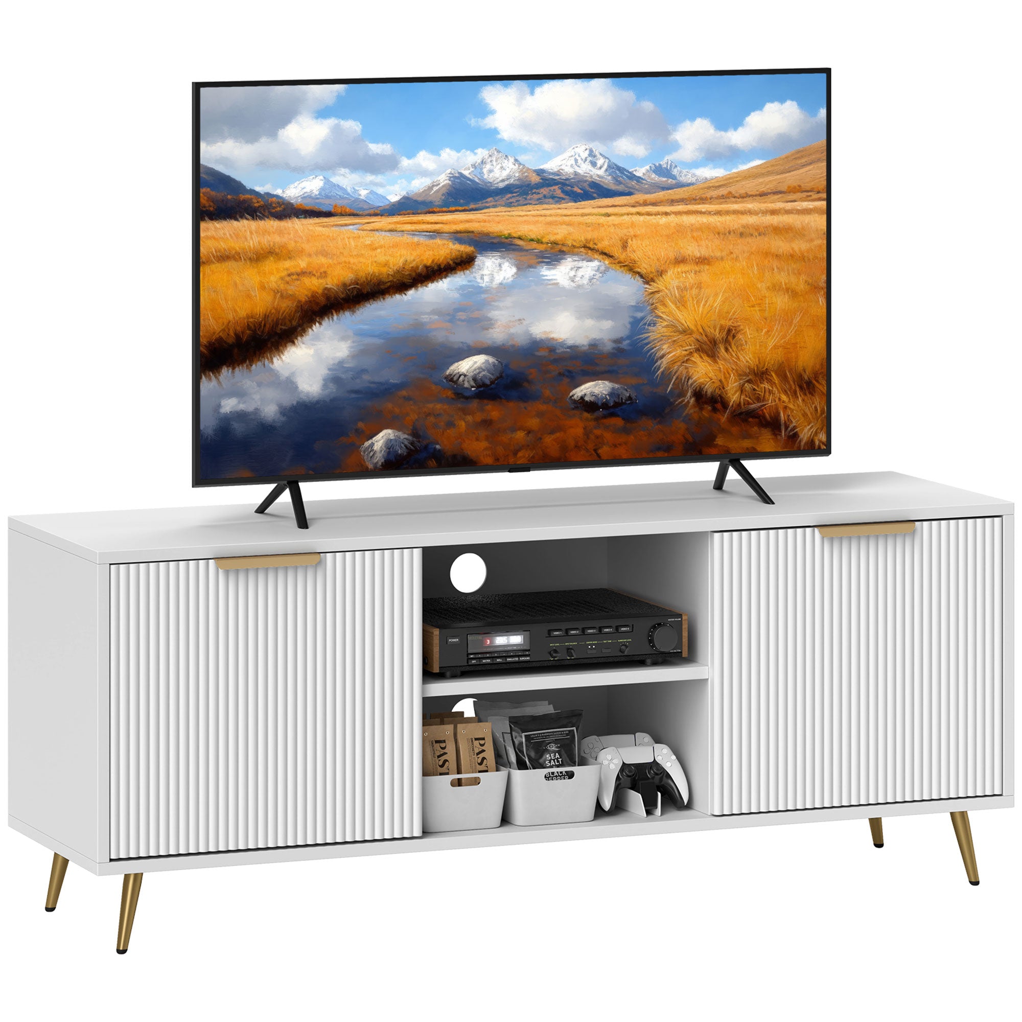 HOMCOM Moderna TV Komoda s 2 Otvorena Odjeljka i 2 Vrata za TV do 55 inča 120x35x48 cm Bijela