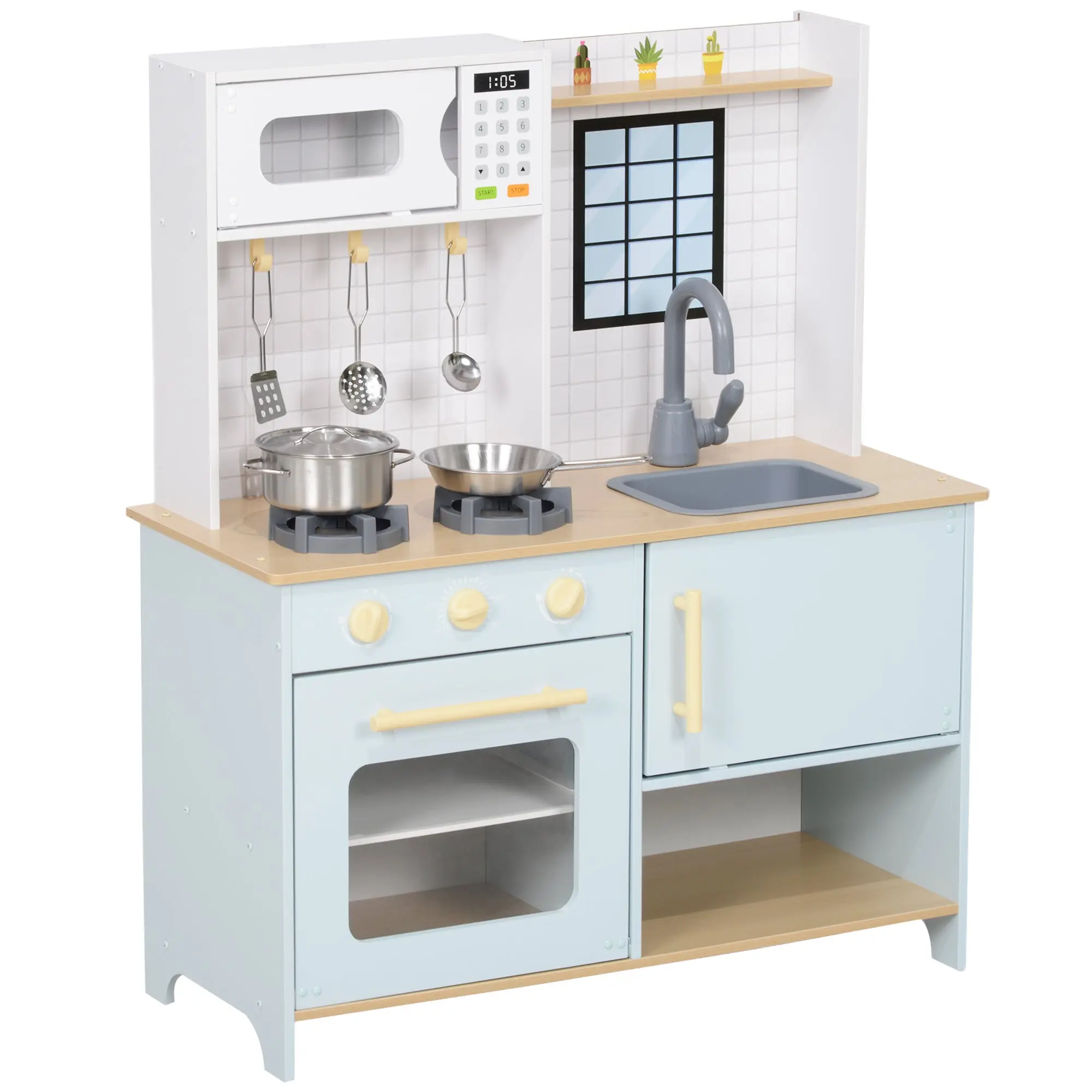 Children's Kitchen Play Kitchen with Microwave, Stove, Oven, and Kitchen Accessories, Doll's Kitchen with Storage Space for 3+ Year Olds, Blue